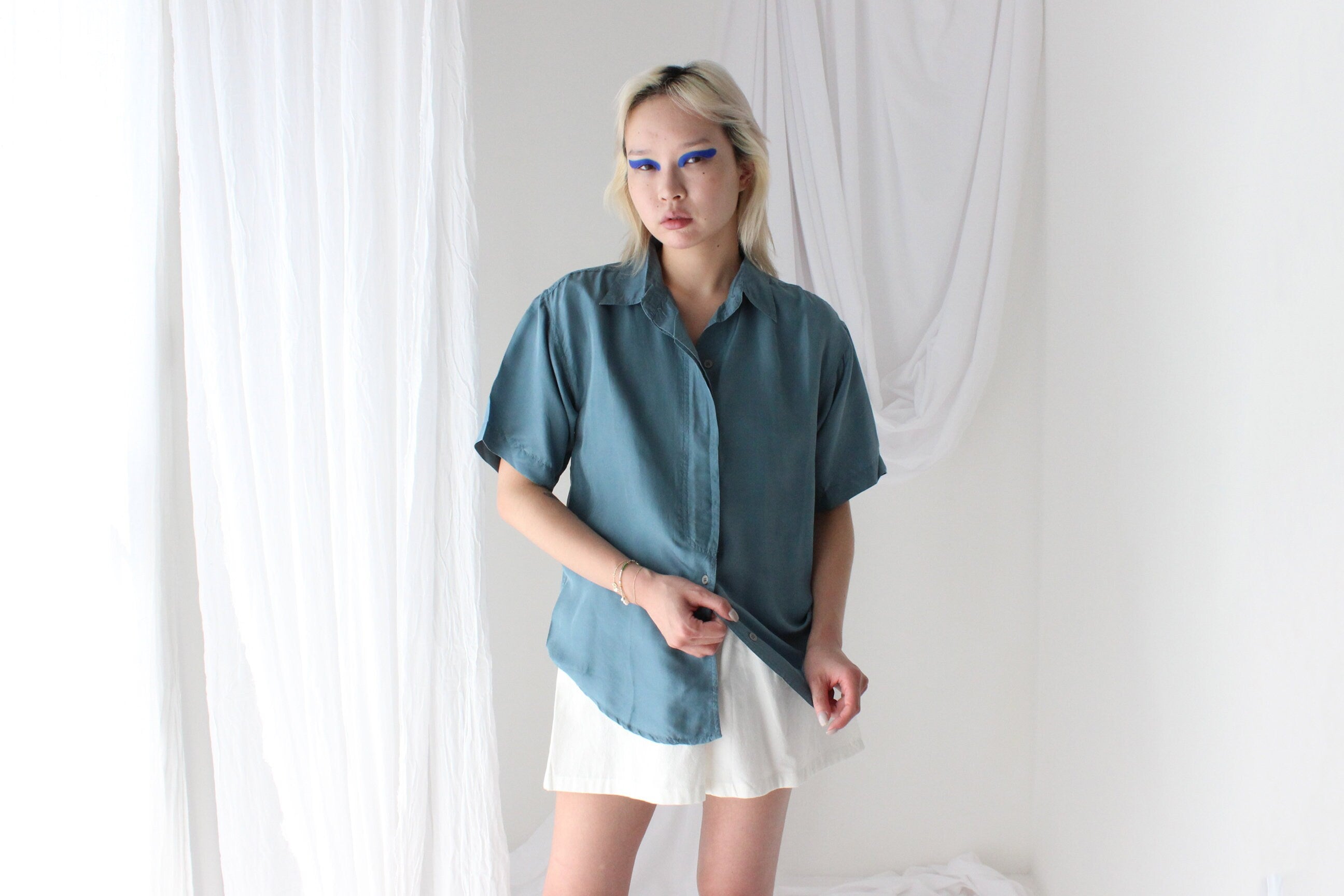 80s SANDWASHED SILK Boxy Teal Shirt