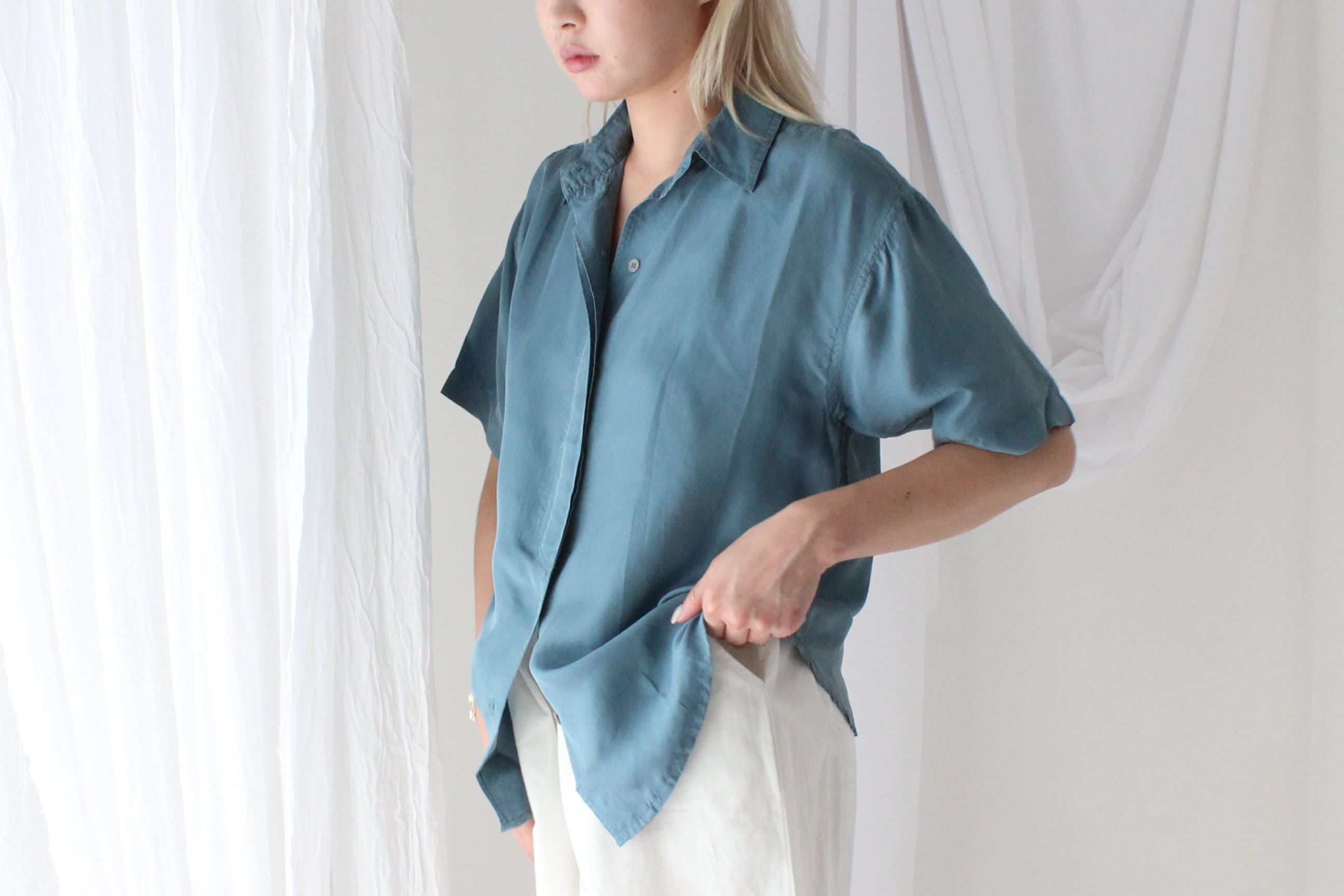 80s SANDWASHED SILK Boxy Teal Shirt