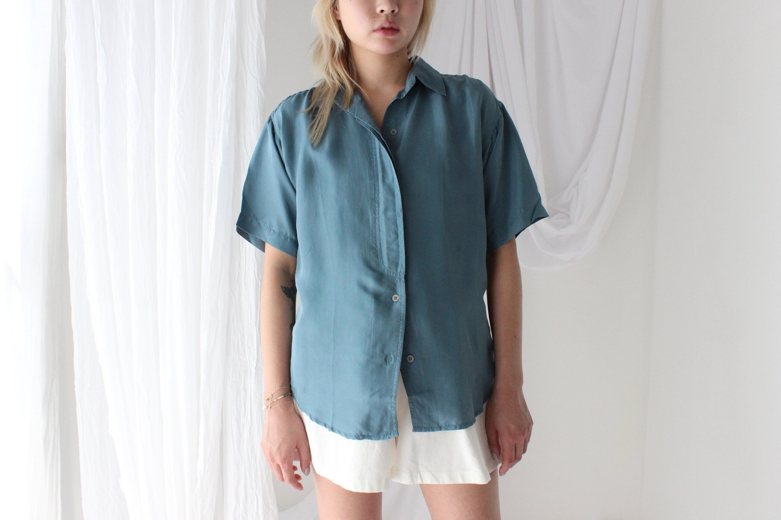 80s SANDWASHED SILK Boxy Teal Shirt