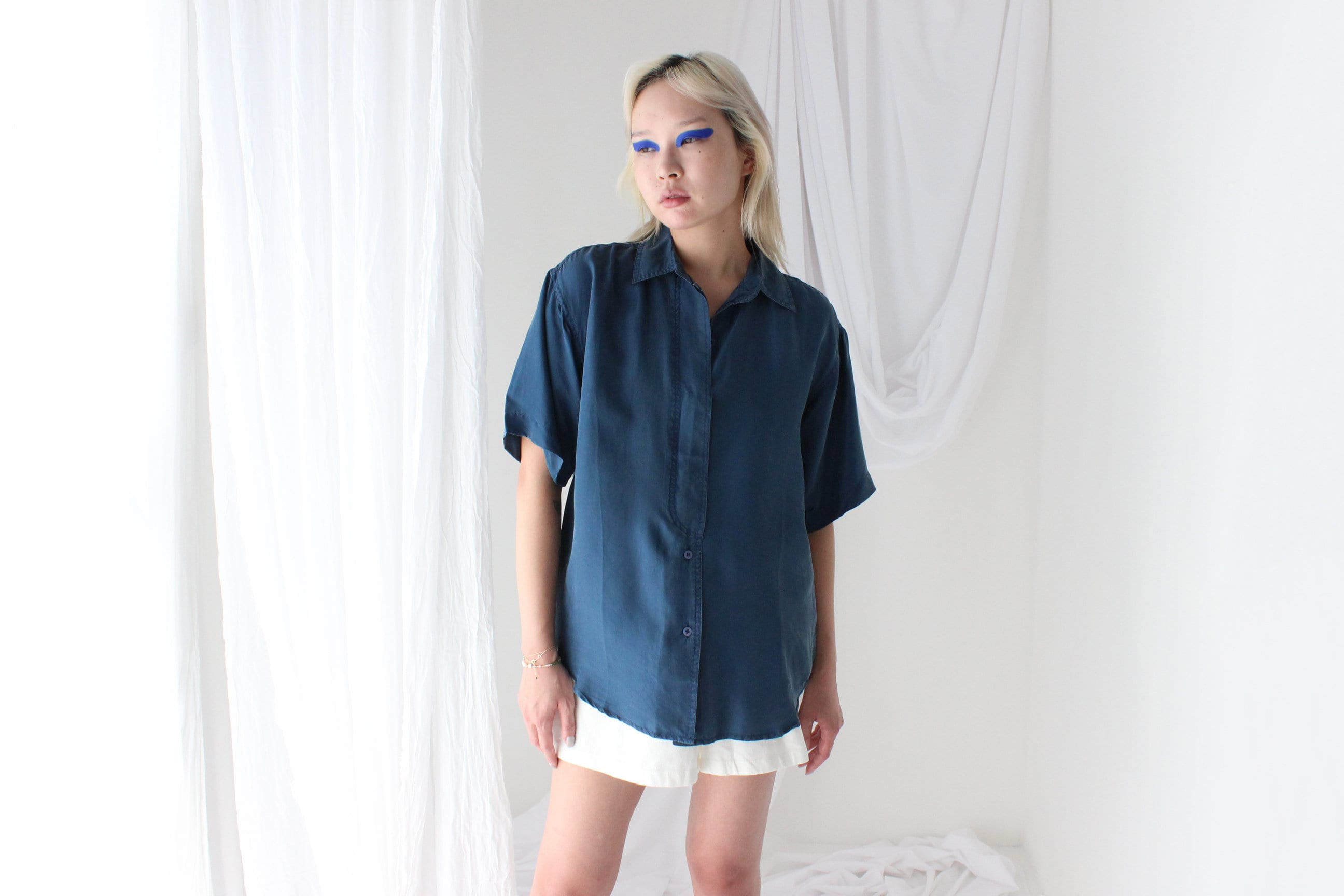 80s SANDWASHED SILK Deep Blue Boxy Shirt