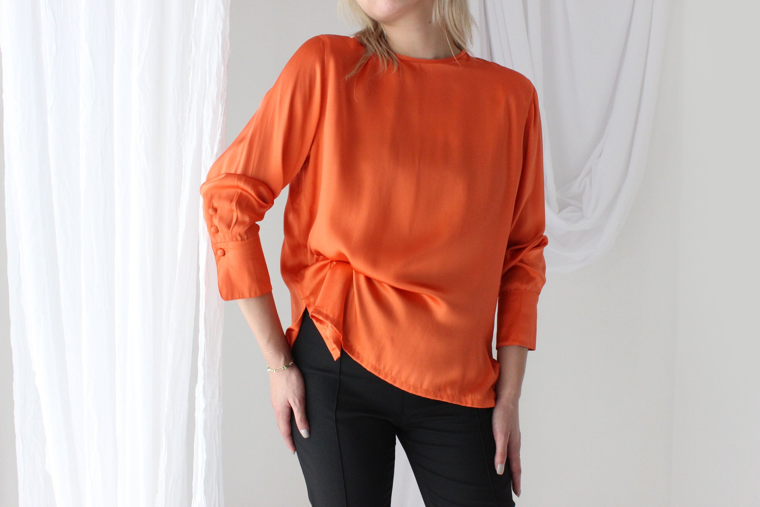 90s Vibrant Orange PURE MULBERRY SILK Drape Top