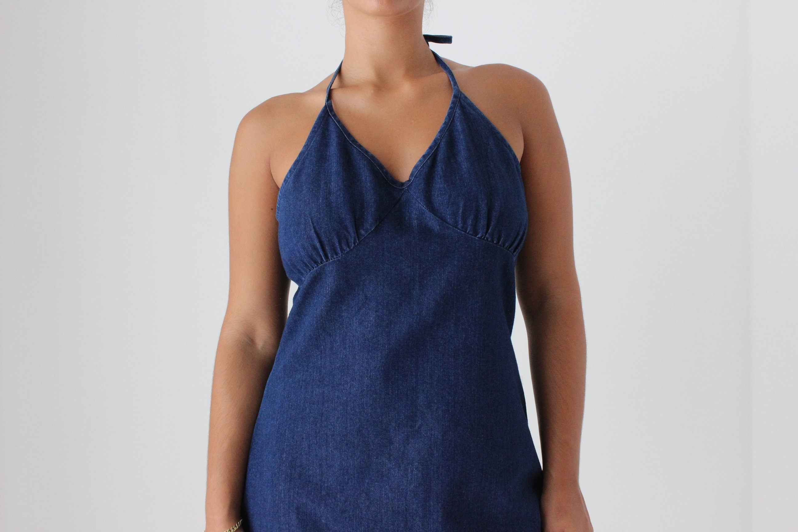 Y2K Darkwash Denim Minimal Halter Dress