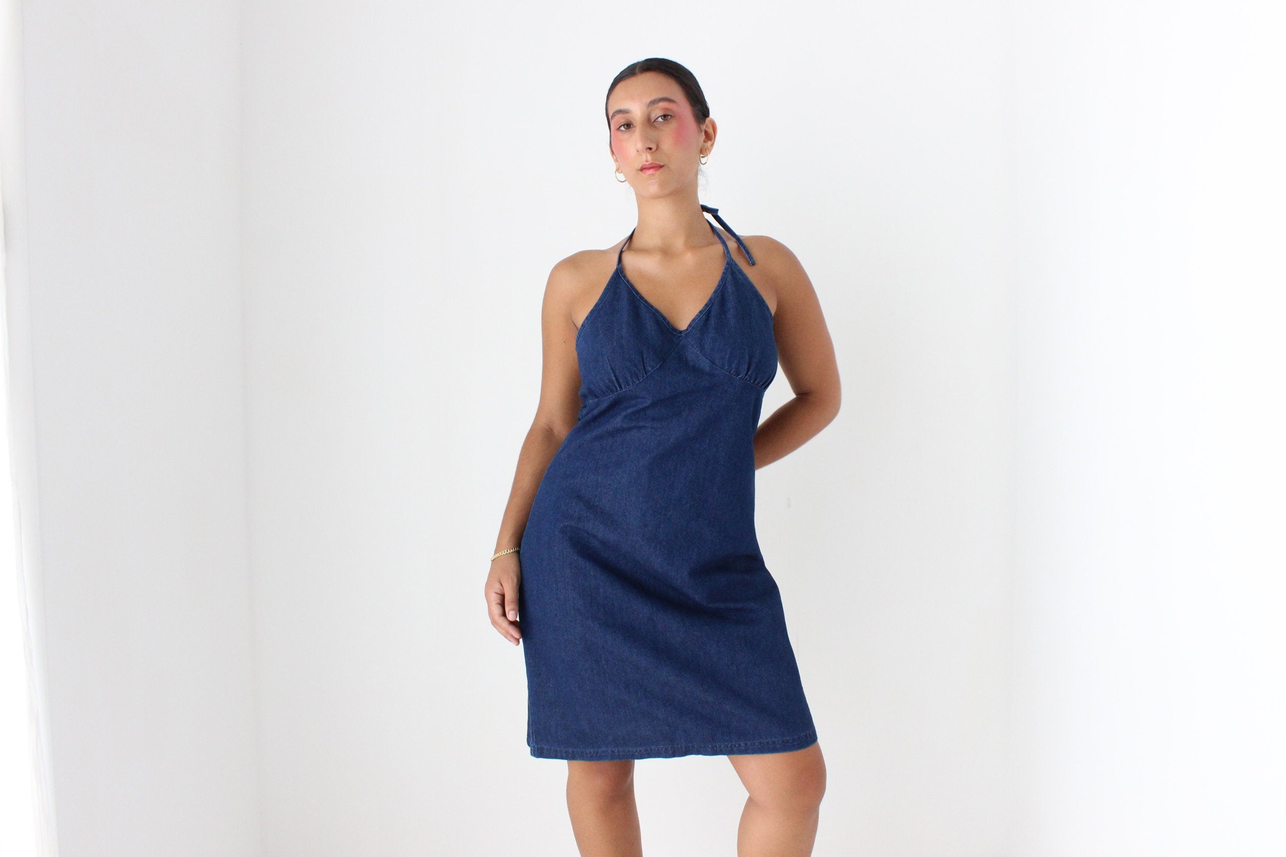 Y2K Darkwash Denim Minimal Halter Dress