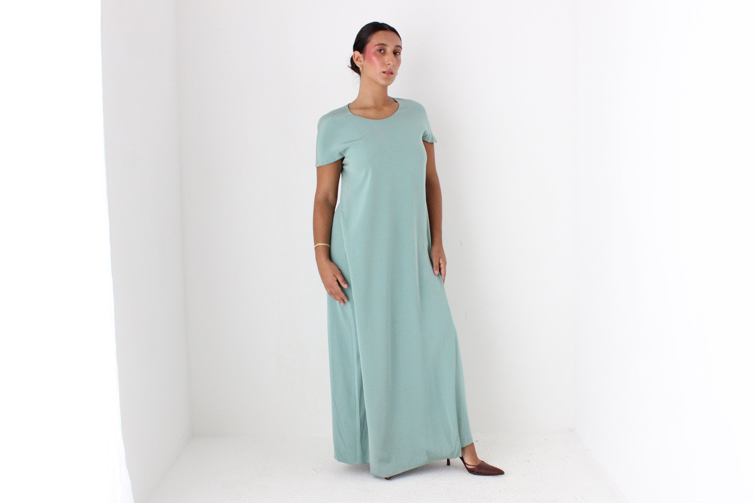 90s CALVIN KLEIN Mint Green Silk Minimal Gown