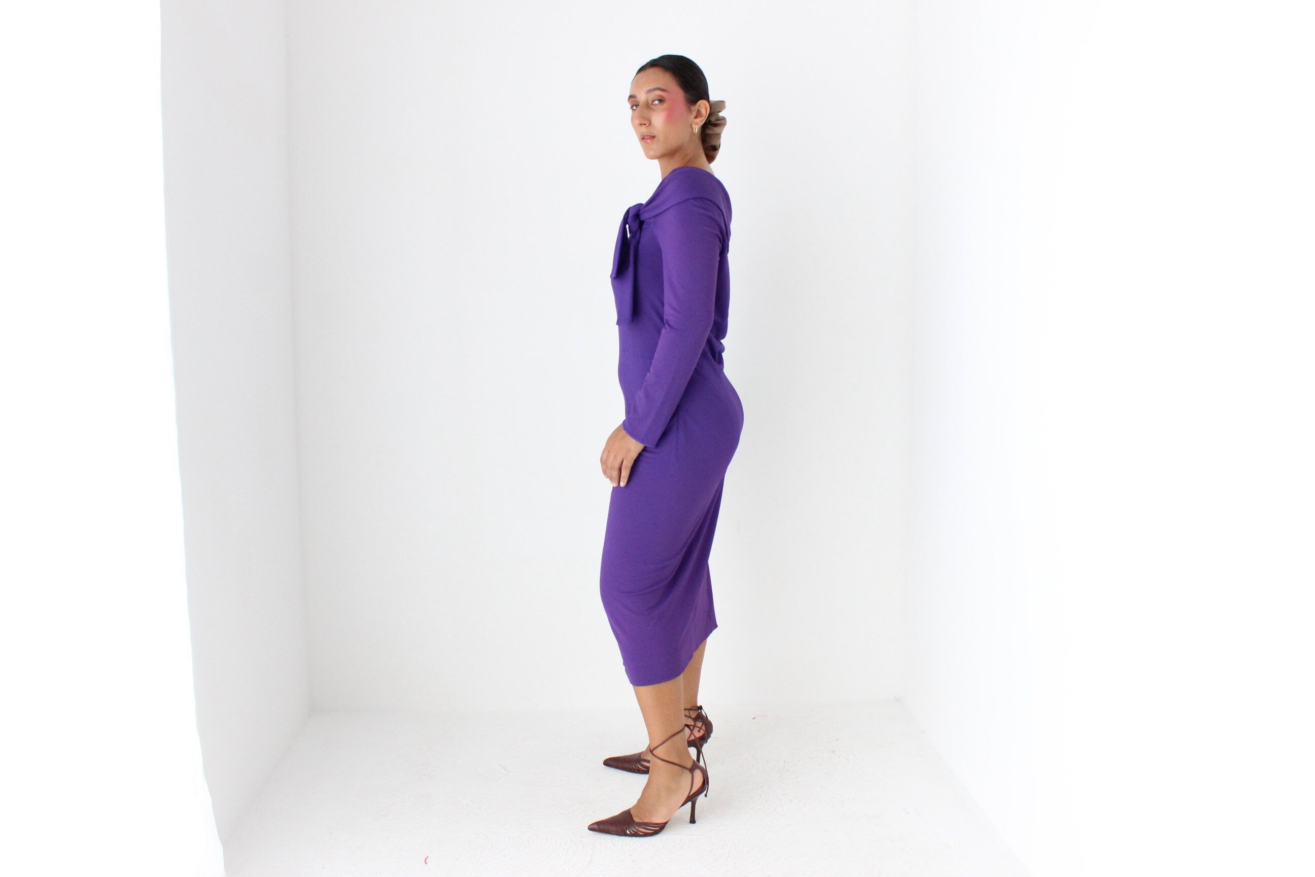 2000s Alberta Ferretti Royal Purple Fitted Off Shoulder Dress