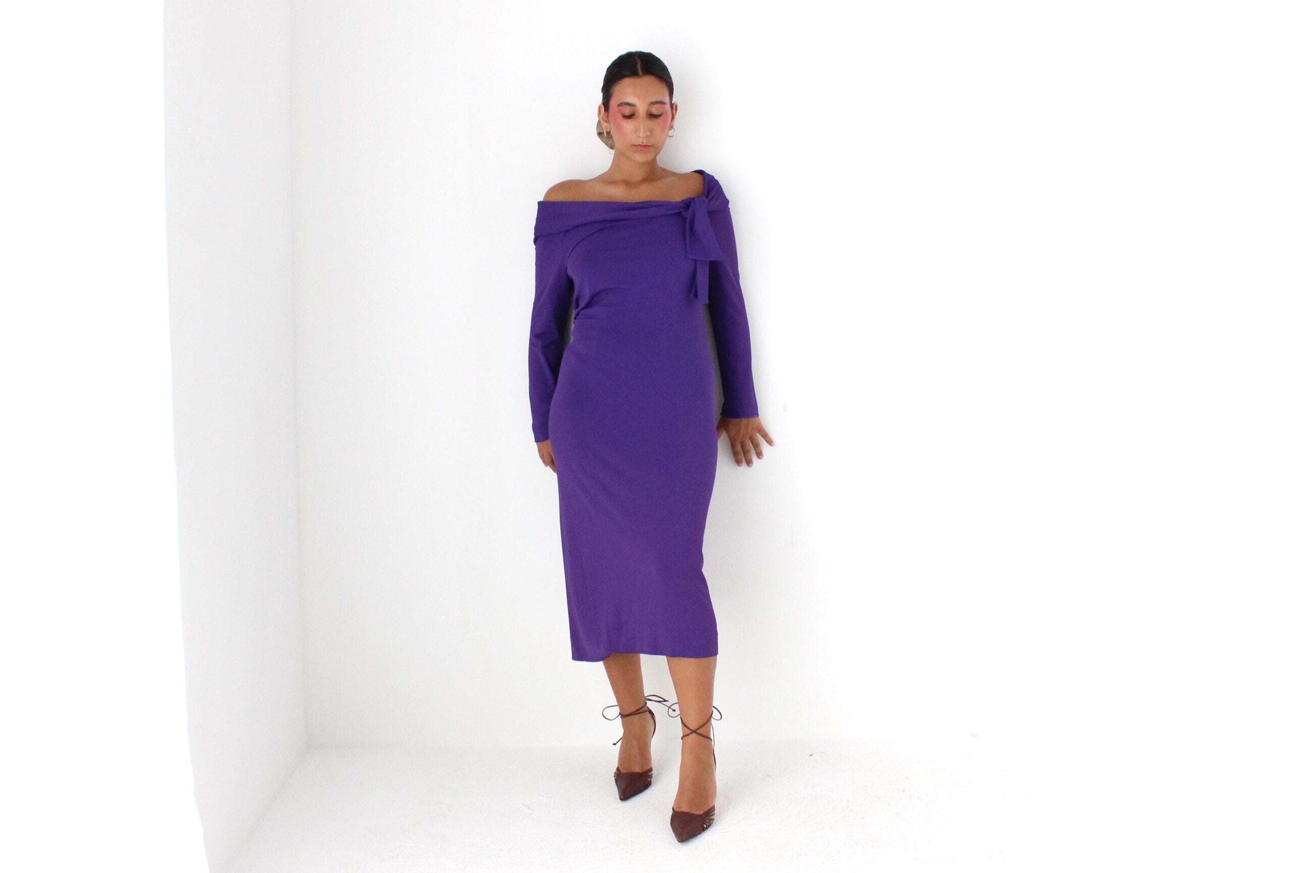 2000s Alberta Ferretti Royal Purple Fitted Off Shoulder Dress