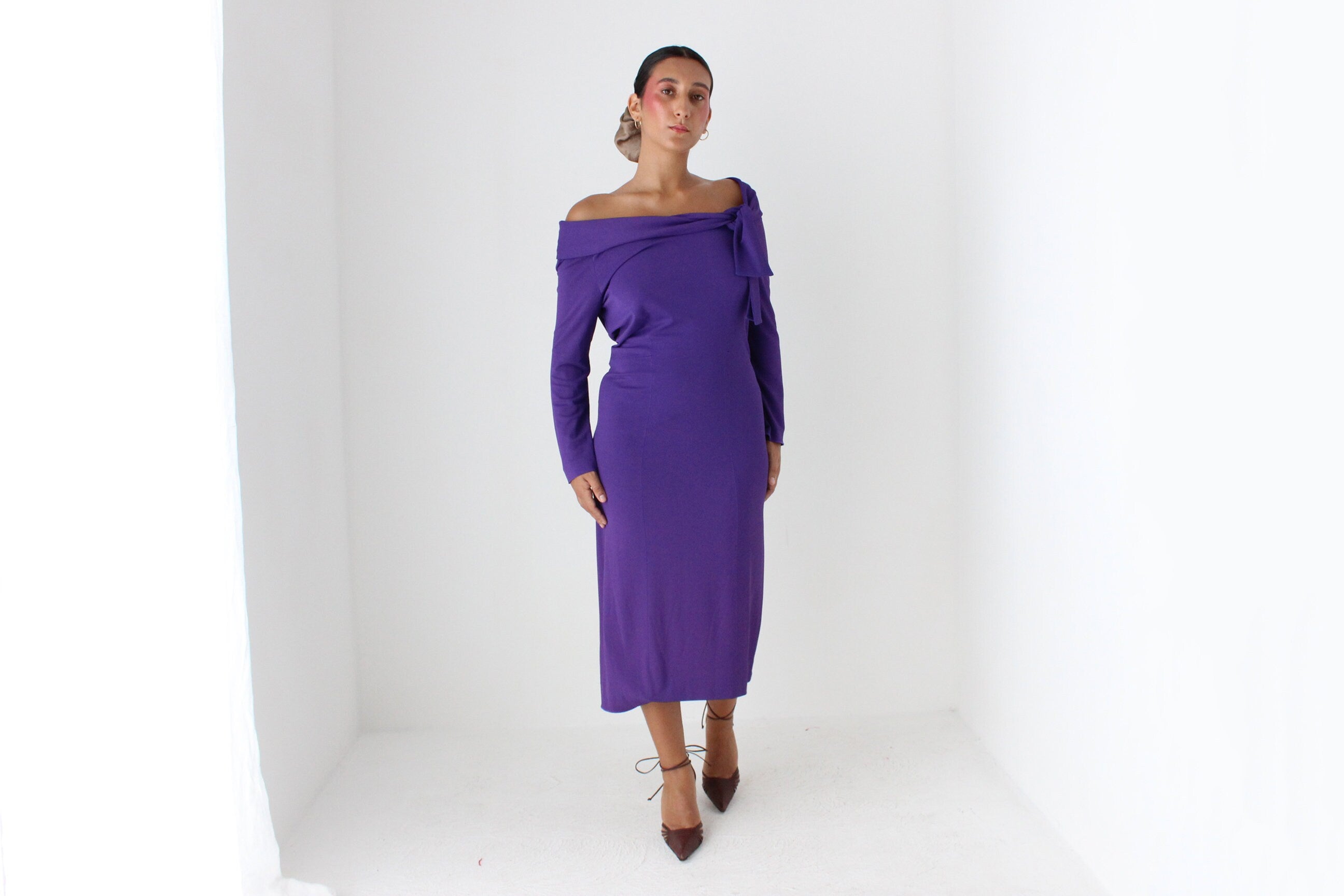 2000s Alberta Ferretti Royal Purple Fitted Off Shoulder Dress
