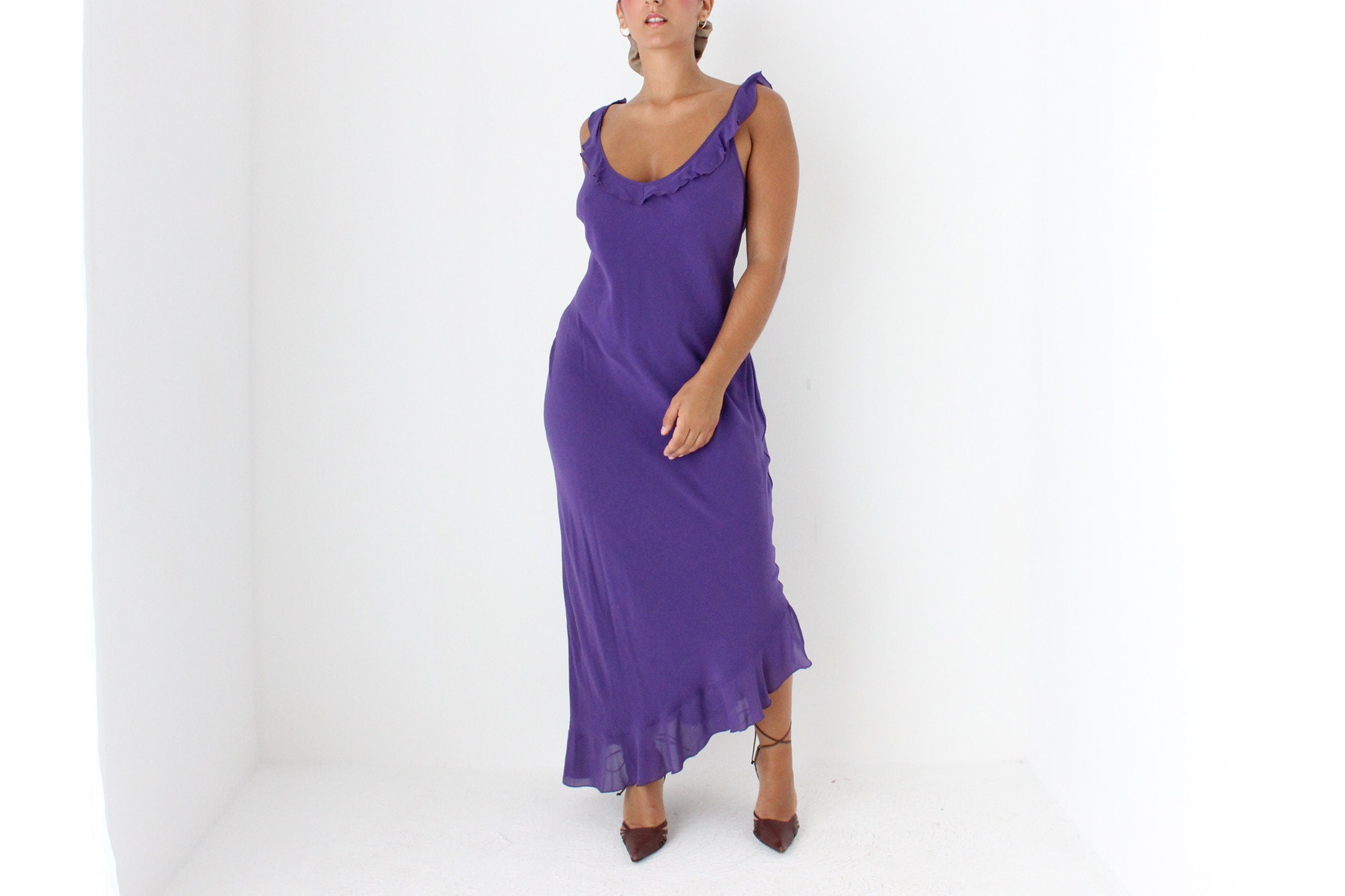 Sultry Y2K PURE SILK Plunge Ruffle Neck Bias Cut Dress