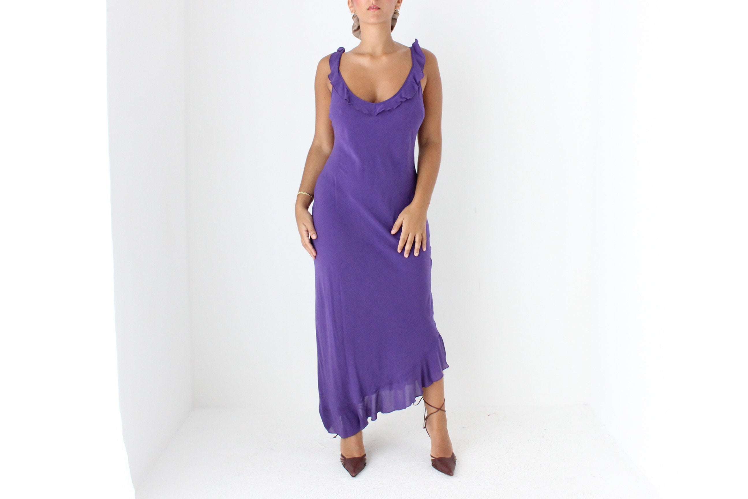 Sultry Y2K PURE SILK Plunge Ruffle Neck Bias Cut Dress