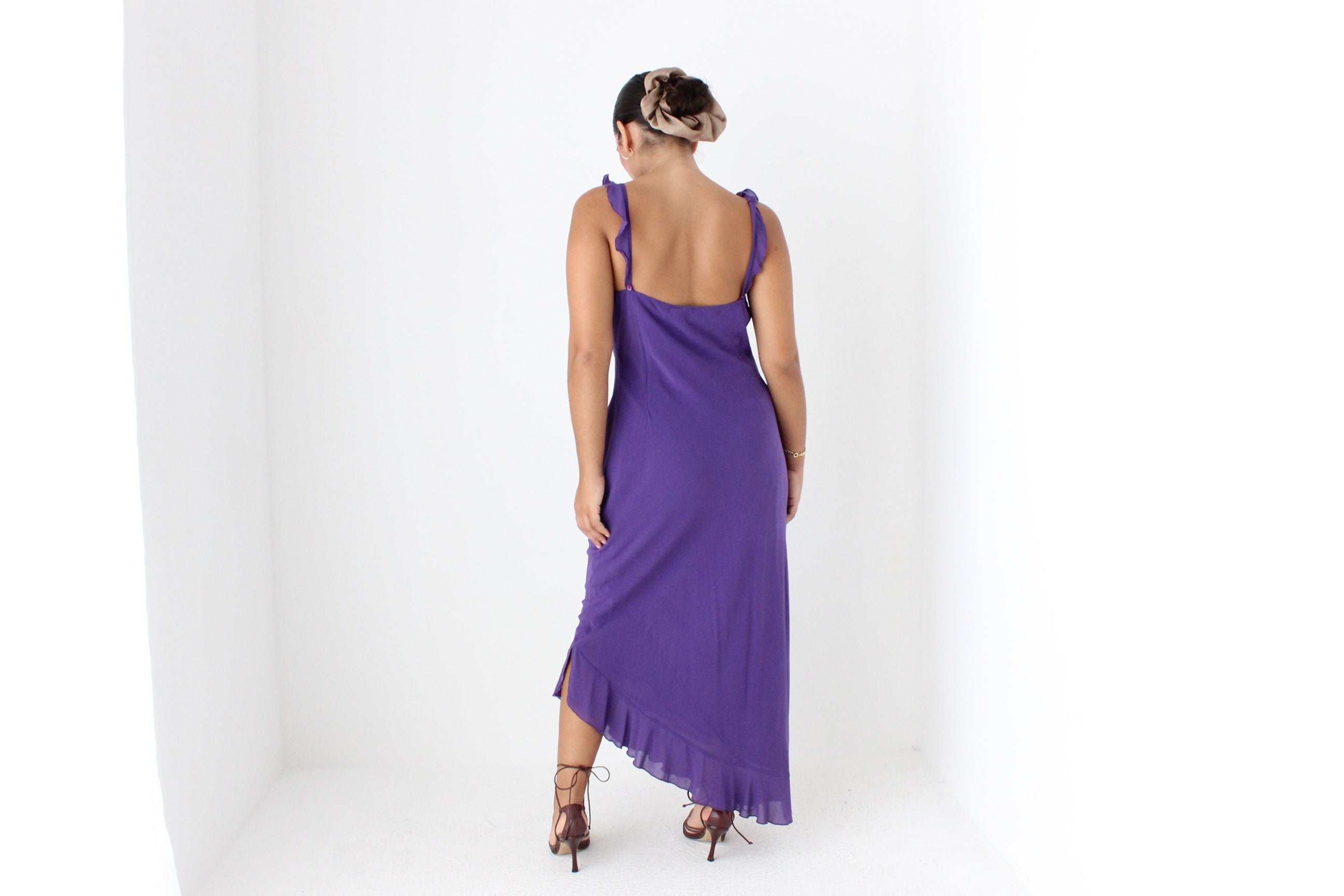 Sultry Y2K PURE SILK Plunge Ruffle Neck Bias Cut Dress