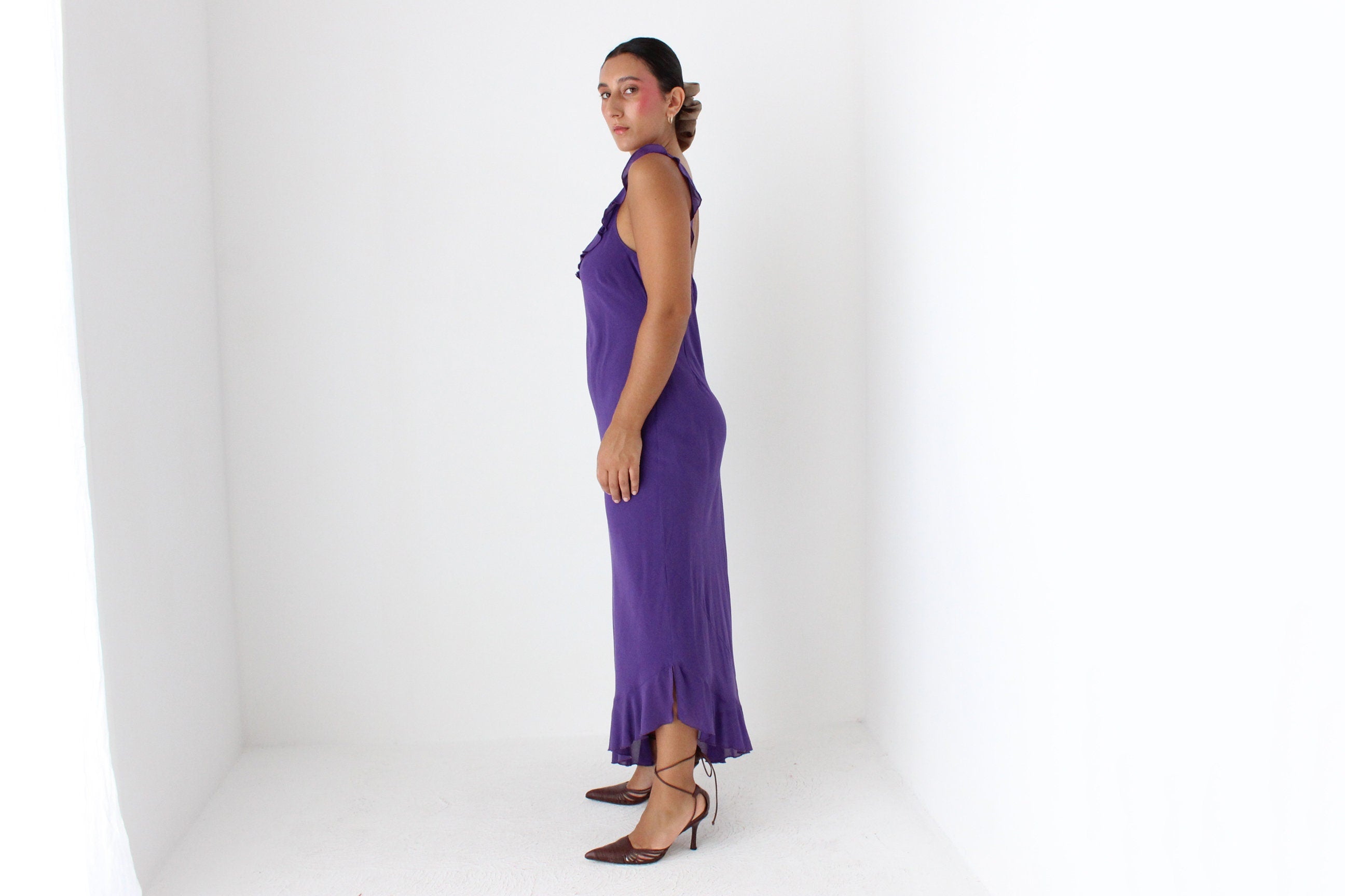 Sultry Y2K PURE SILK Plunge Ruffle Neck Bias Cut Dress