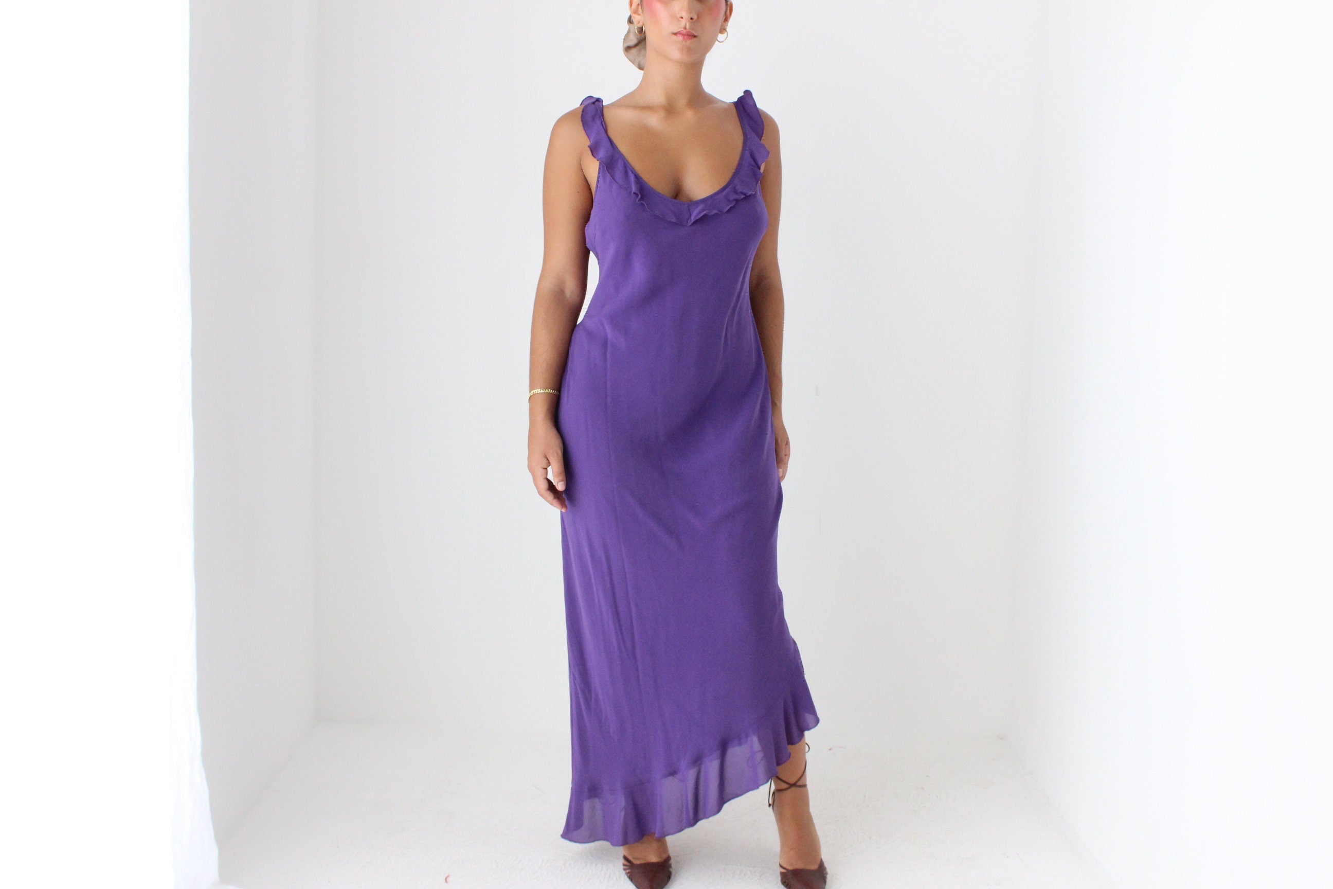 Sultry Y2K PURE SILK Plunge Ruffle Neck Bias Cut Dress