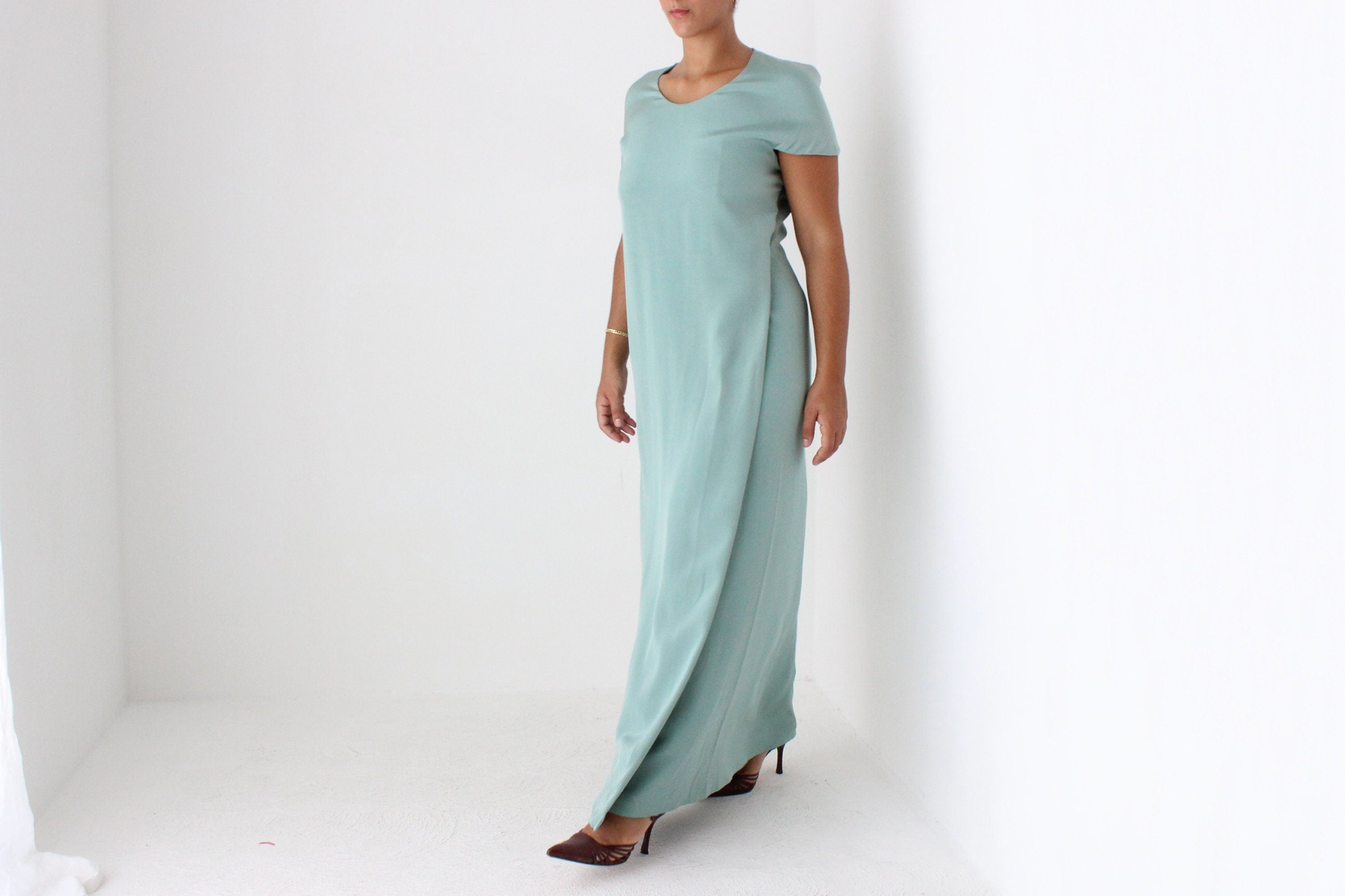 90s CALVIN KLEIN Mint Green Silk Minimal Gown