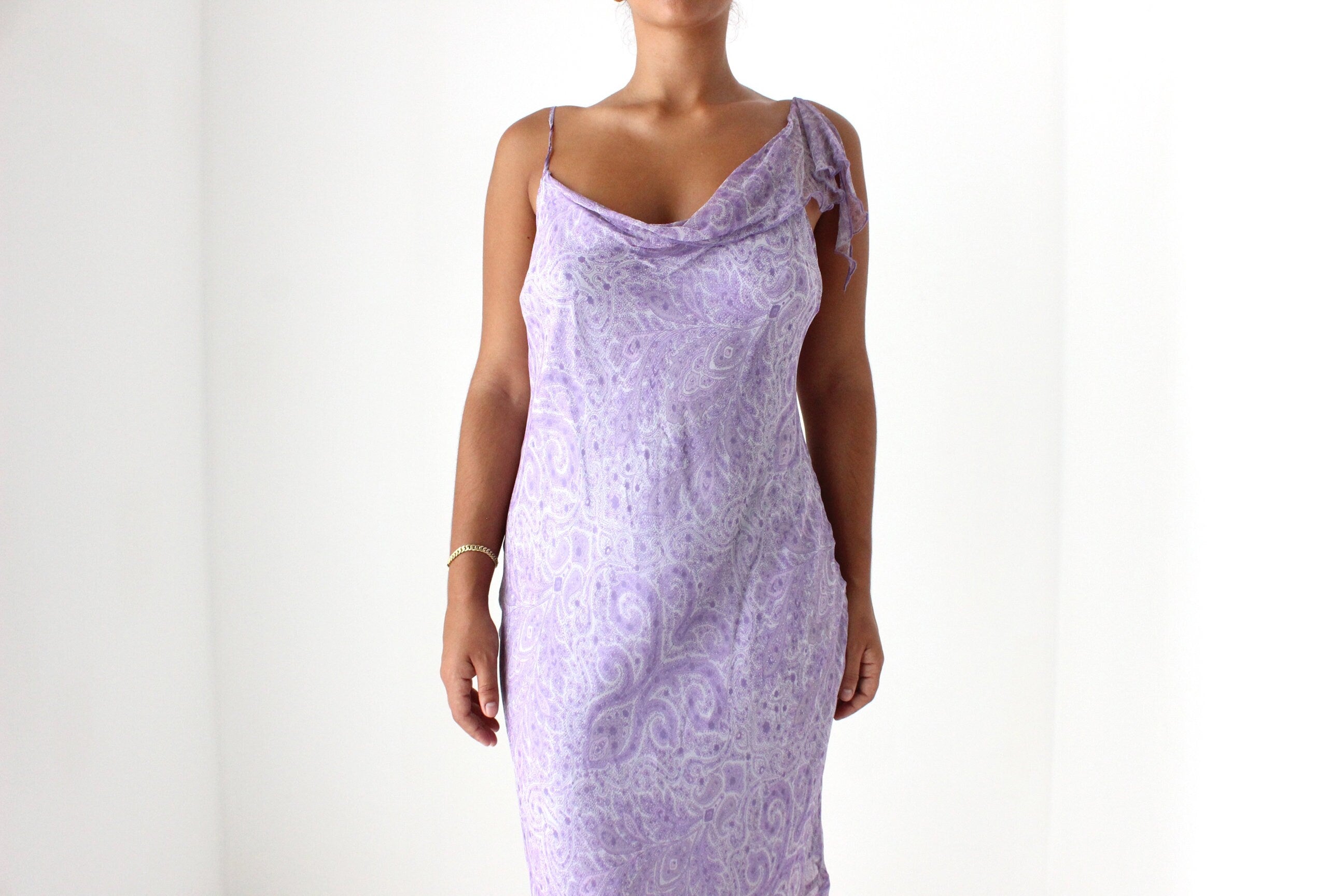 Y2K PURE SILK Paisley Pastel Asymmetric Slip Dress