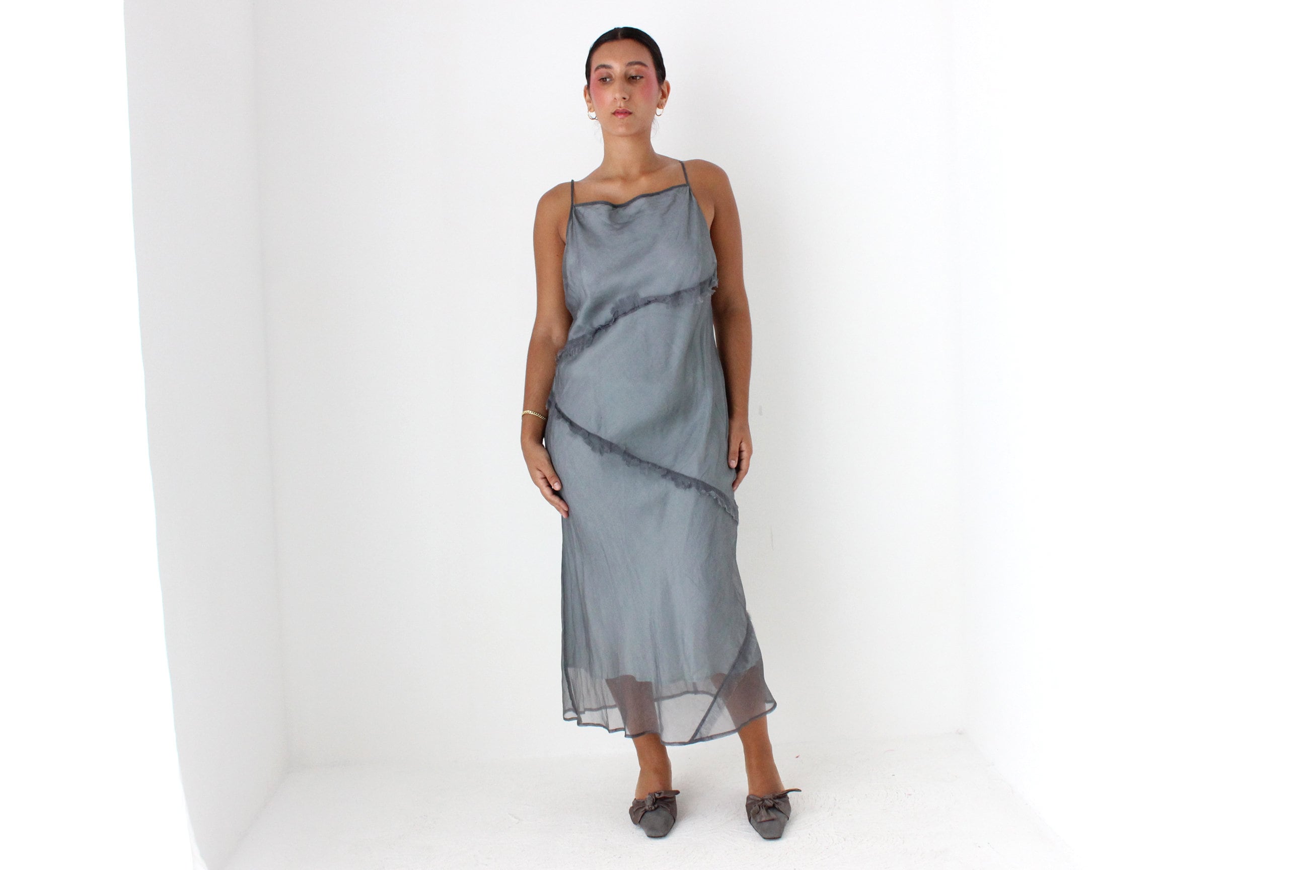 90s CUE Etherial Silk Organza Bias Cut Straight Neck Slip Dress