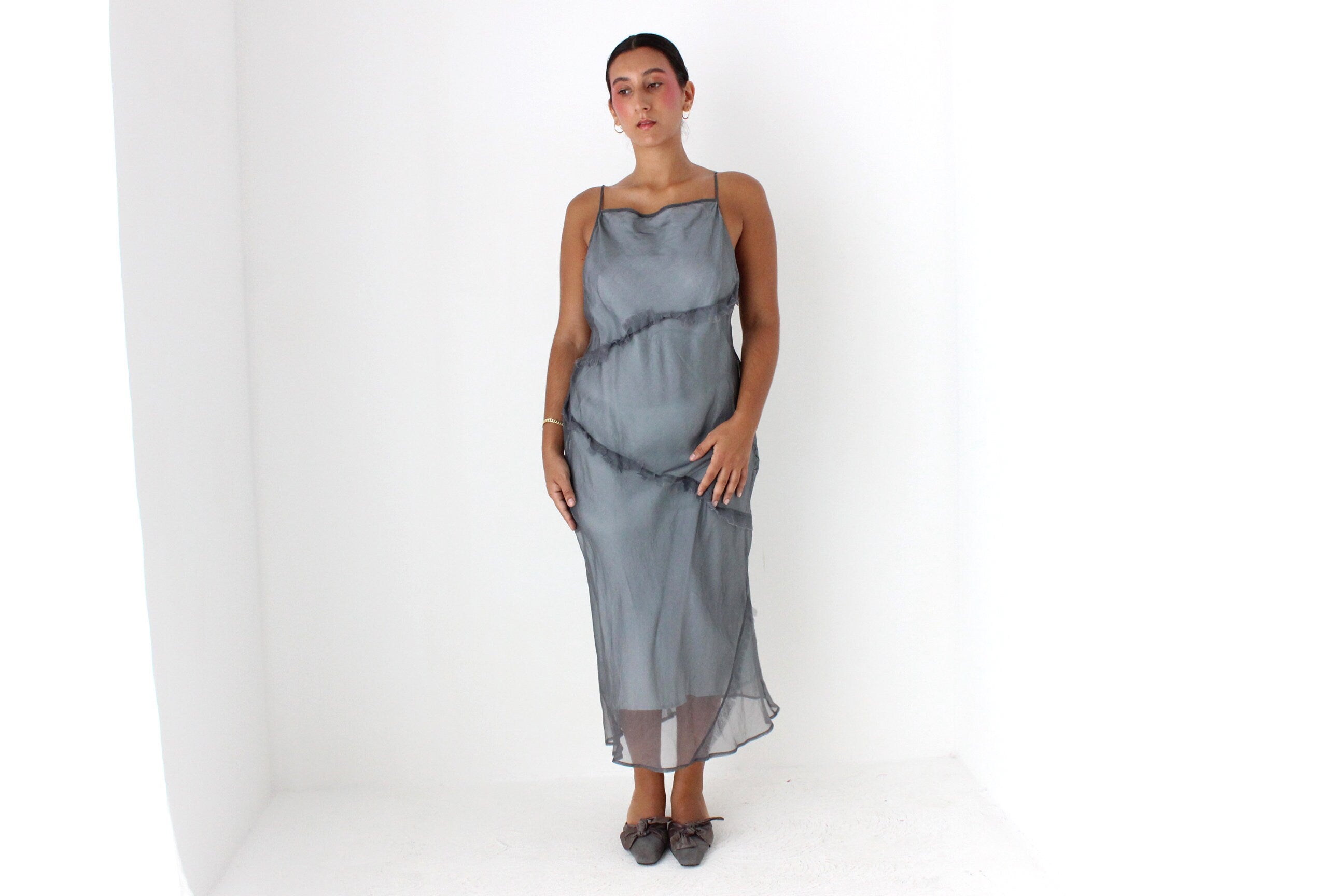 90s CUE Etherial Silk Organza Bias Cut Straight Neck Slip Dress