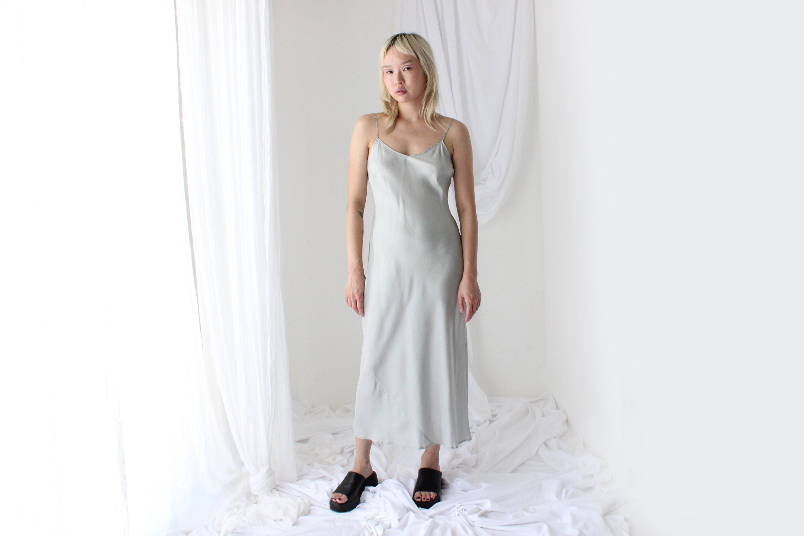 90s Pure Silk Bias Cut Slip Dress in Ice