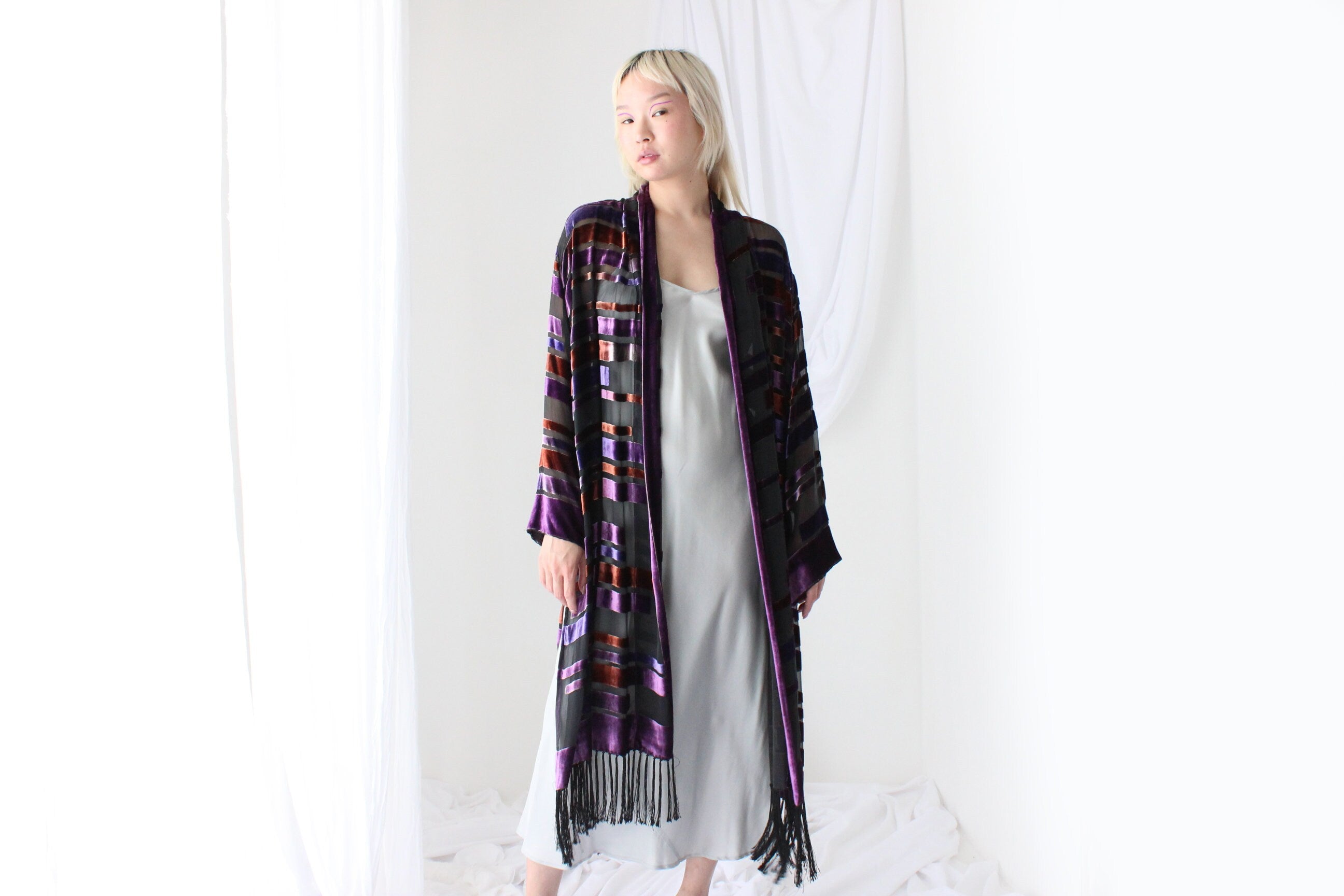 90s Luxury Silk Velvet Geometric Burnout Duster Kimono w/ Fringe