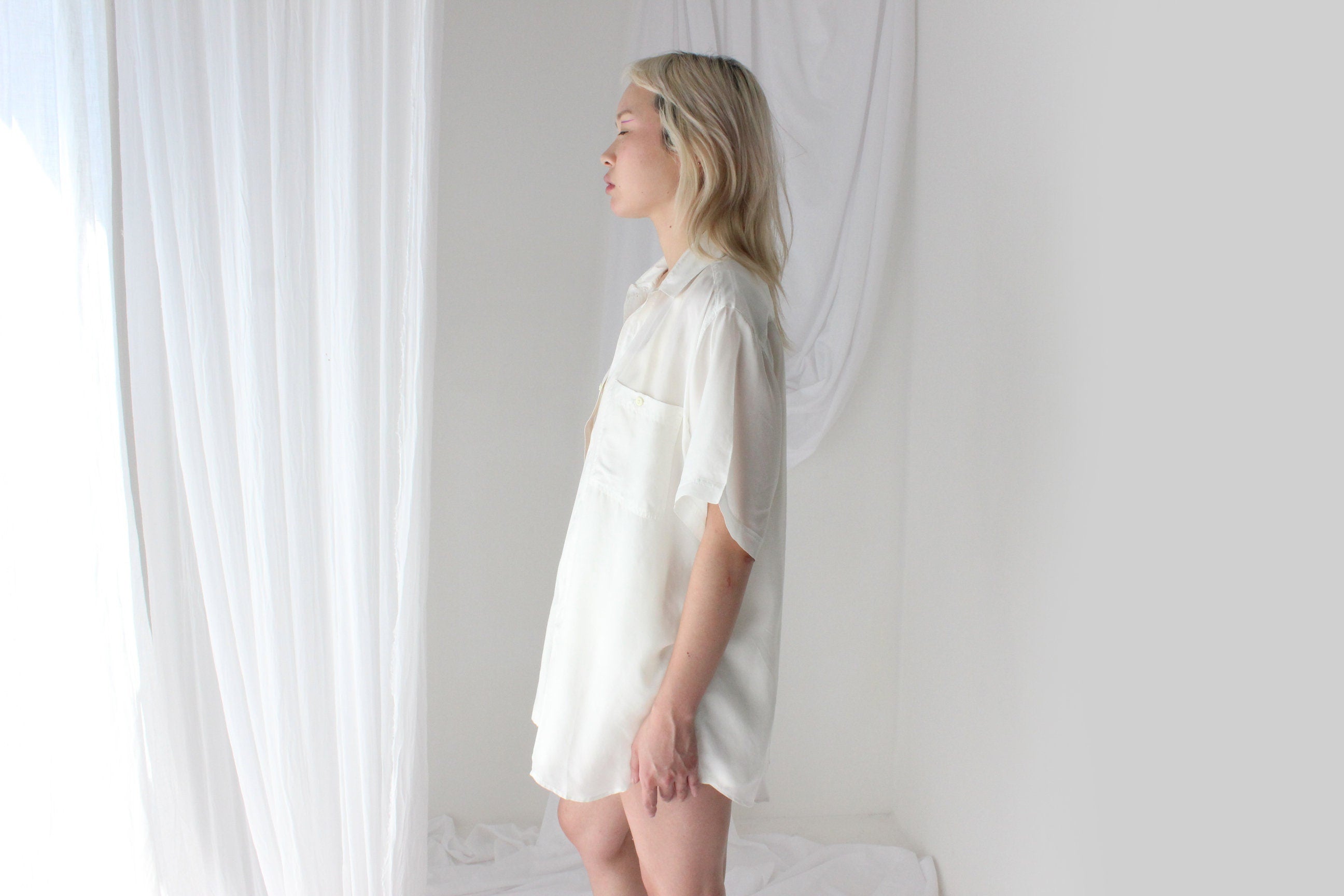 80s PURE SILK Snow White Boxy Oversized Shirt
