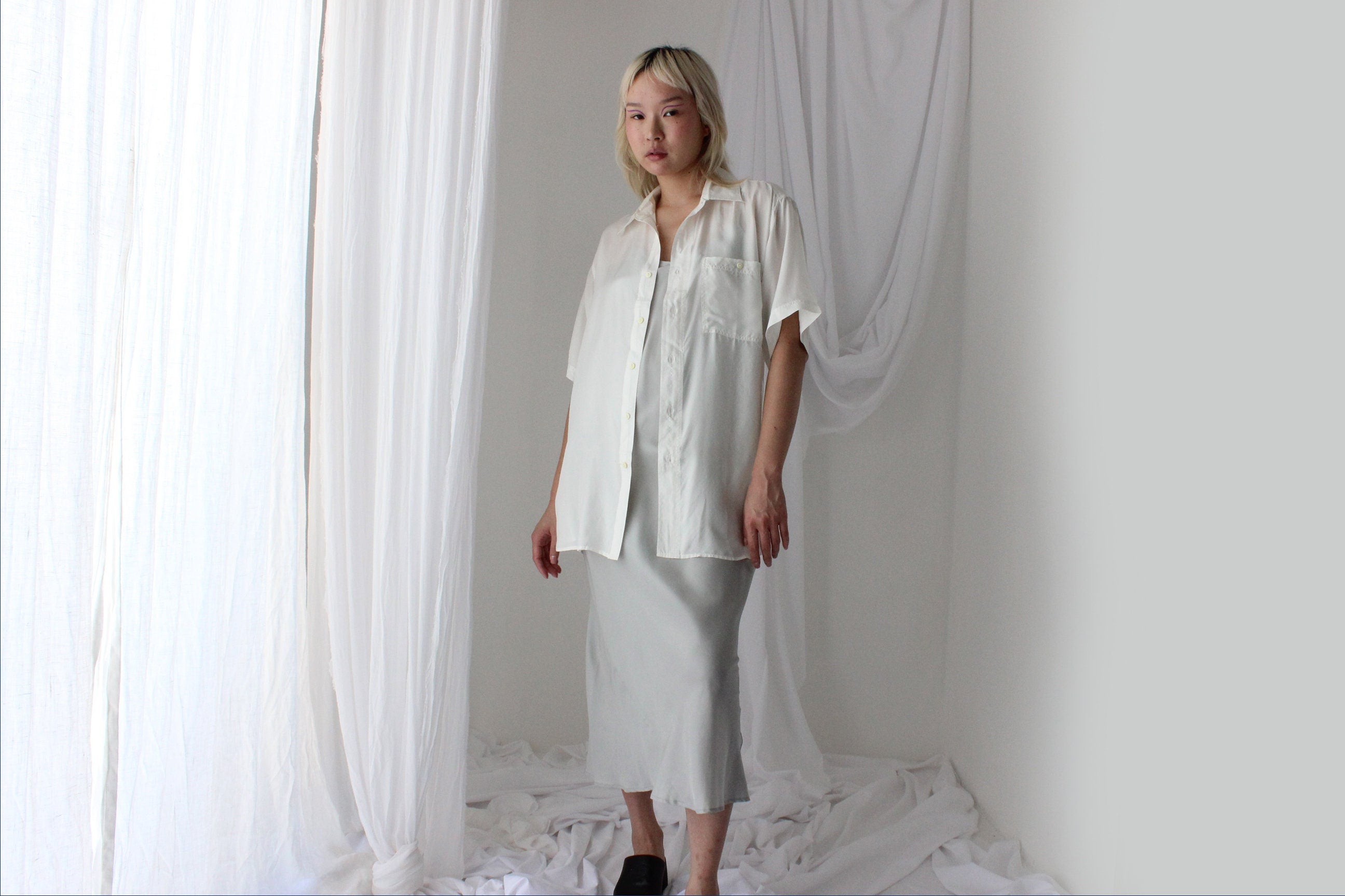80s PURE SILK Snow White Boxy Oversized Shirt