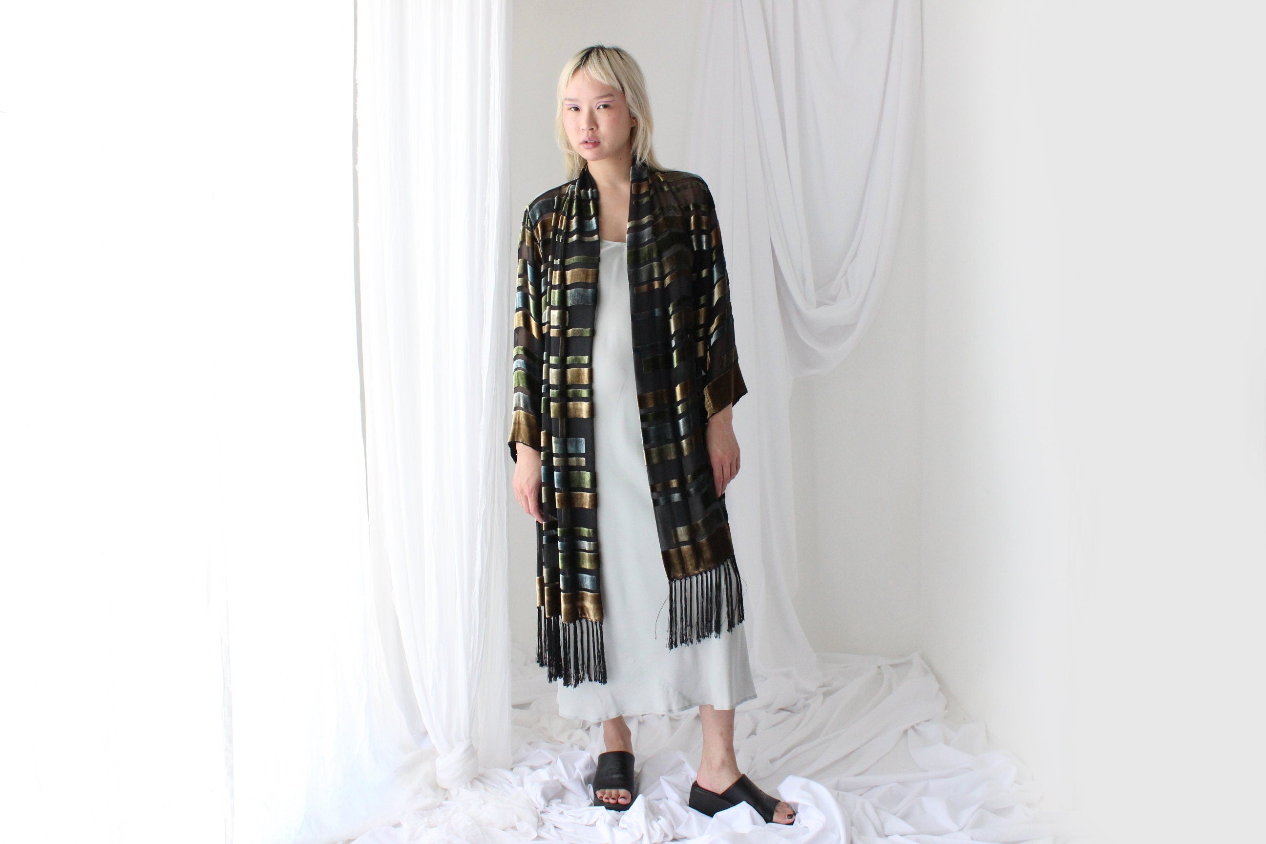 90s Luxury Silk Velvet Geometric Burnout Duster Kimono w/ Fringe