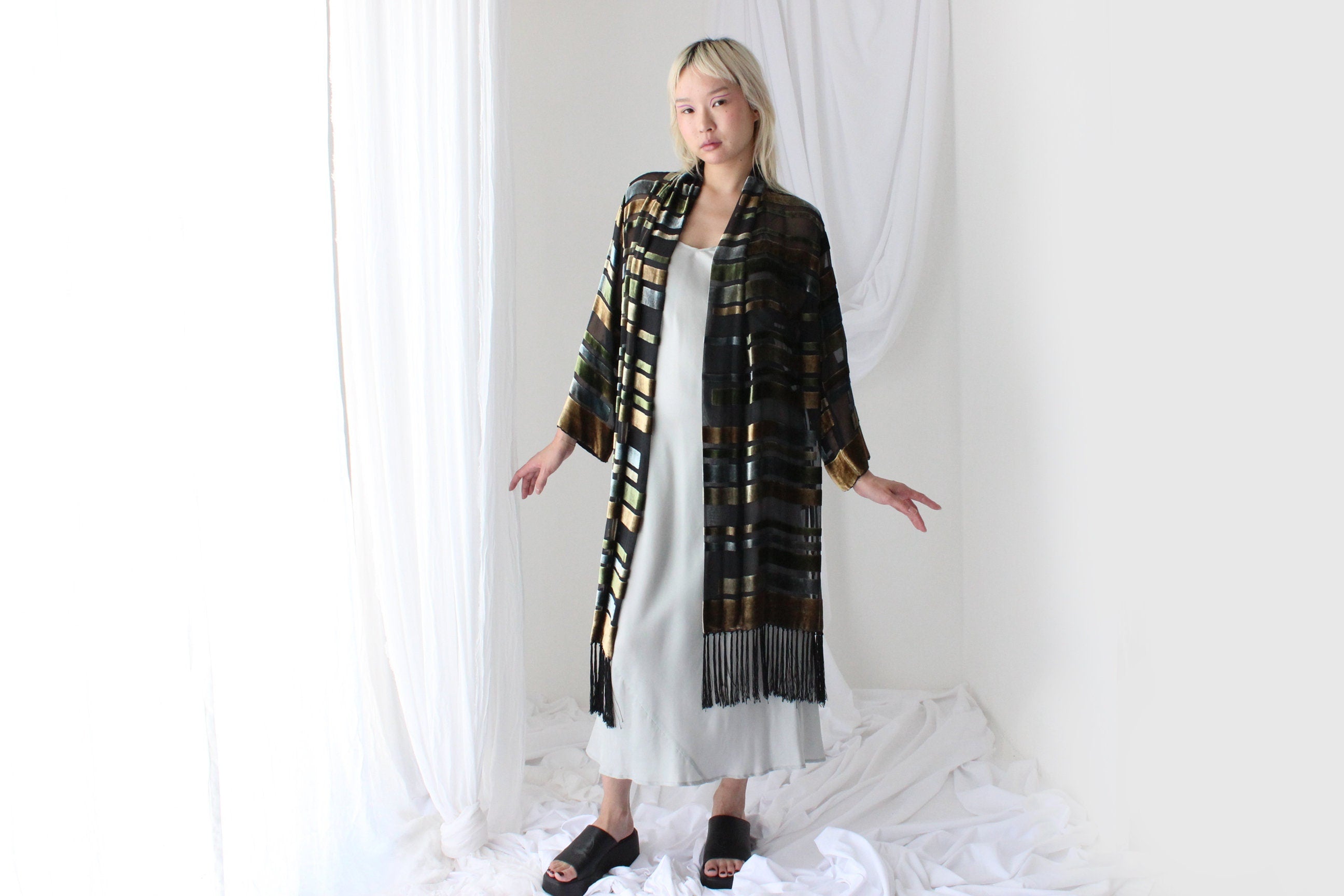 90s Luxury Silk Velvet Geometric Burnout Duster Kimono w/ Fringe