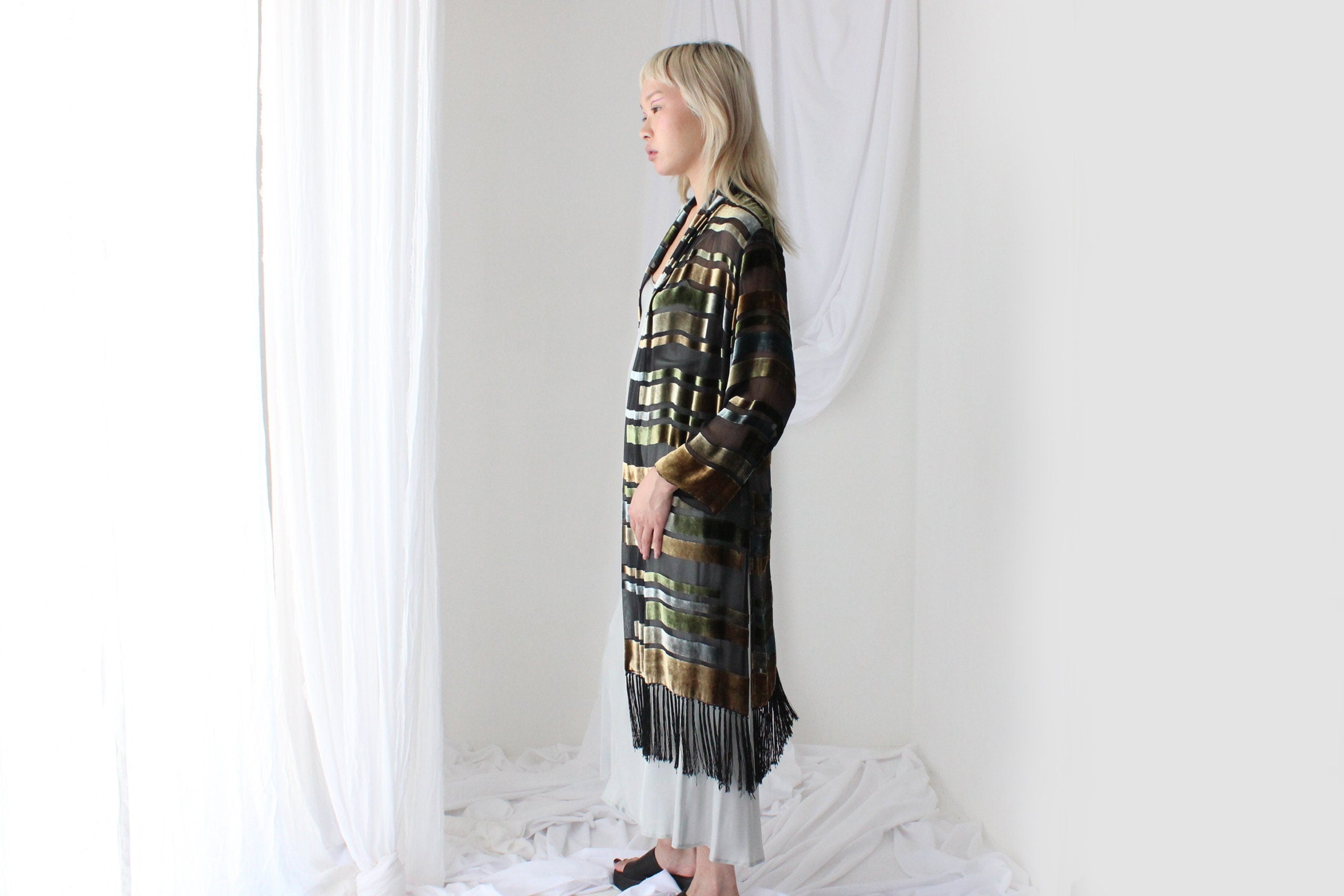 90s Luxury Silk Velvet Geometric Burnout Duster Kimono w/ Fringe