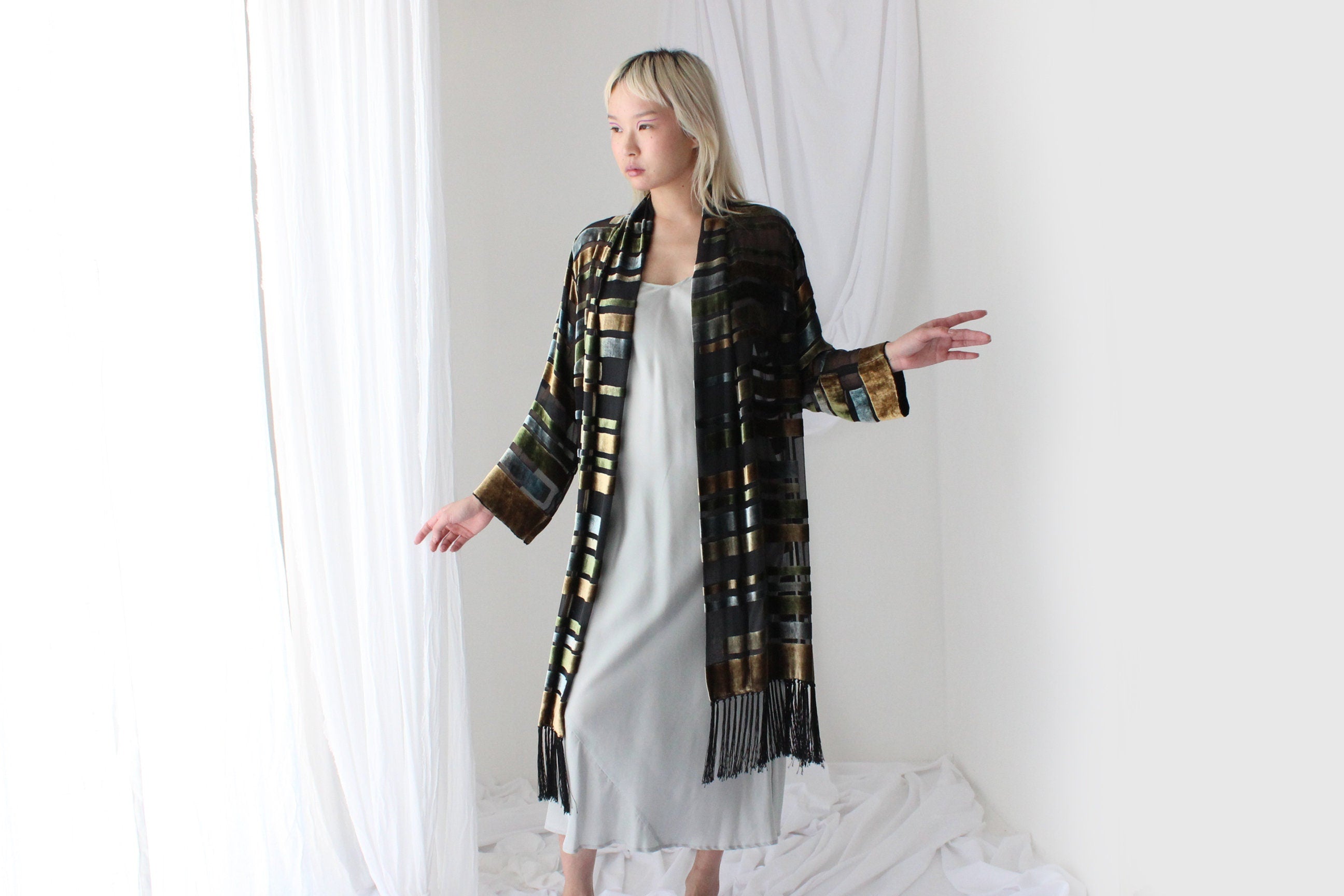 90s Luxury Silk Velvet Geometric Burnout Duster Kimono w/ Fringe