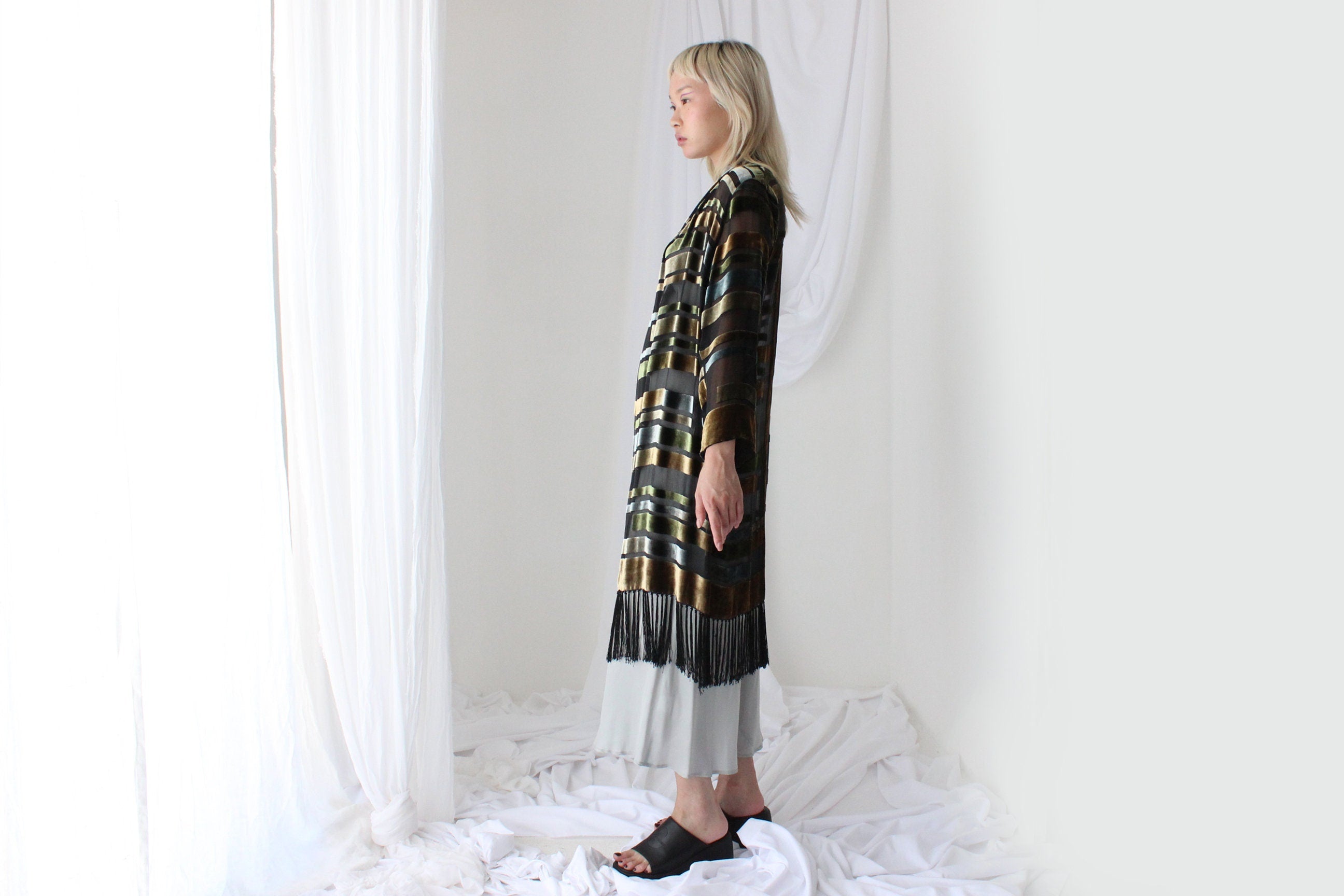 90s Luxury Silk Velvet Geometric Burnout Duster Kimono w/ Fringe