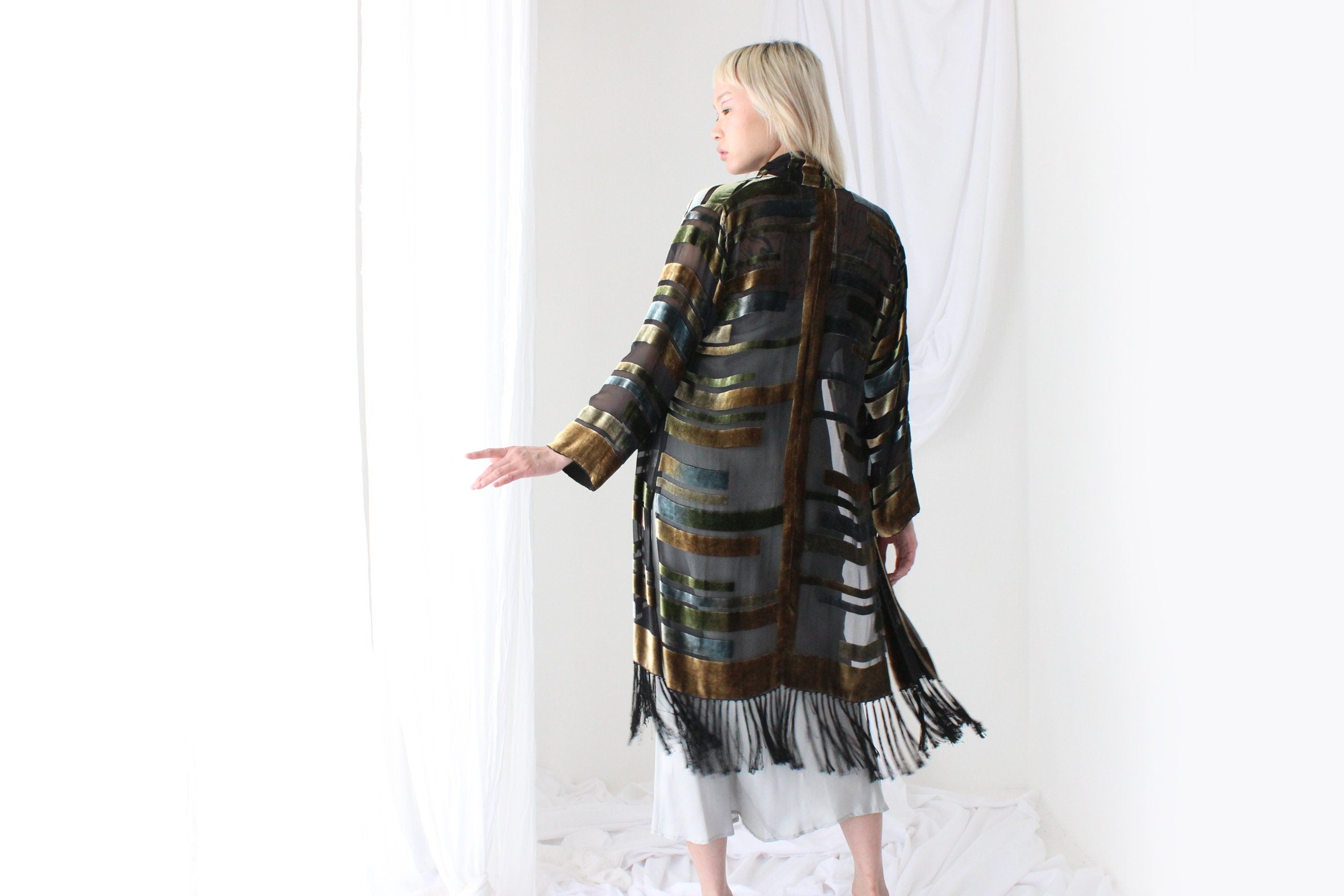 90s Luxury Silk Velvet Geometric Burnout Duster Kimono w/ Fringe