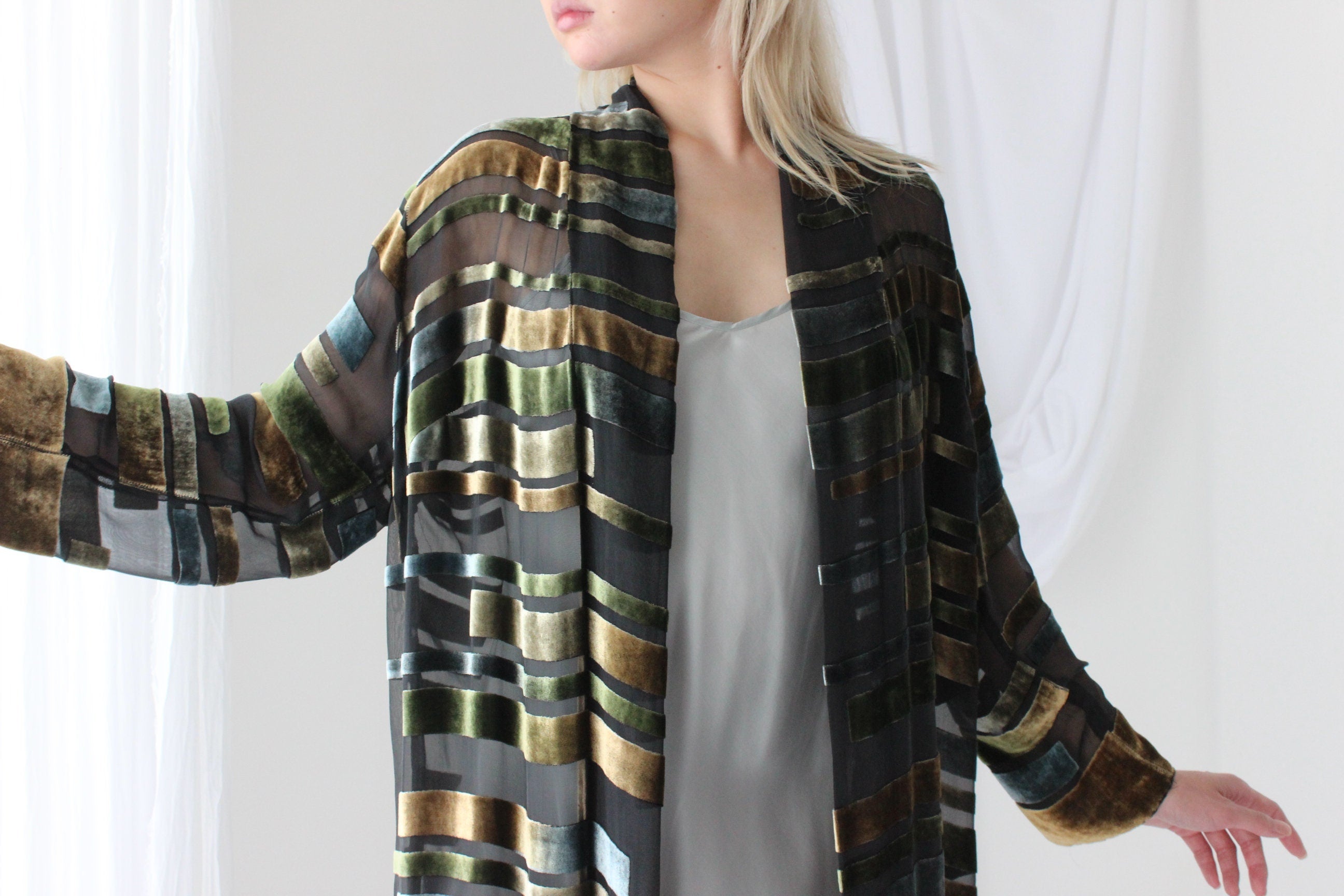 90s Luxury Silk Velvet Geometric Burnout Duster Kimono w/ Fringe