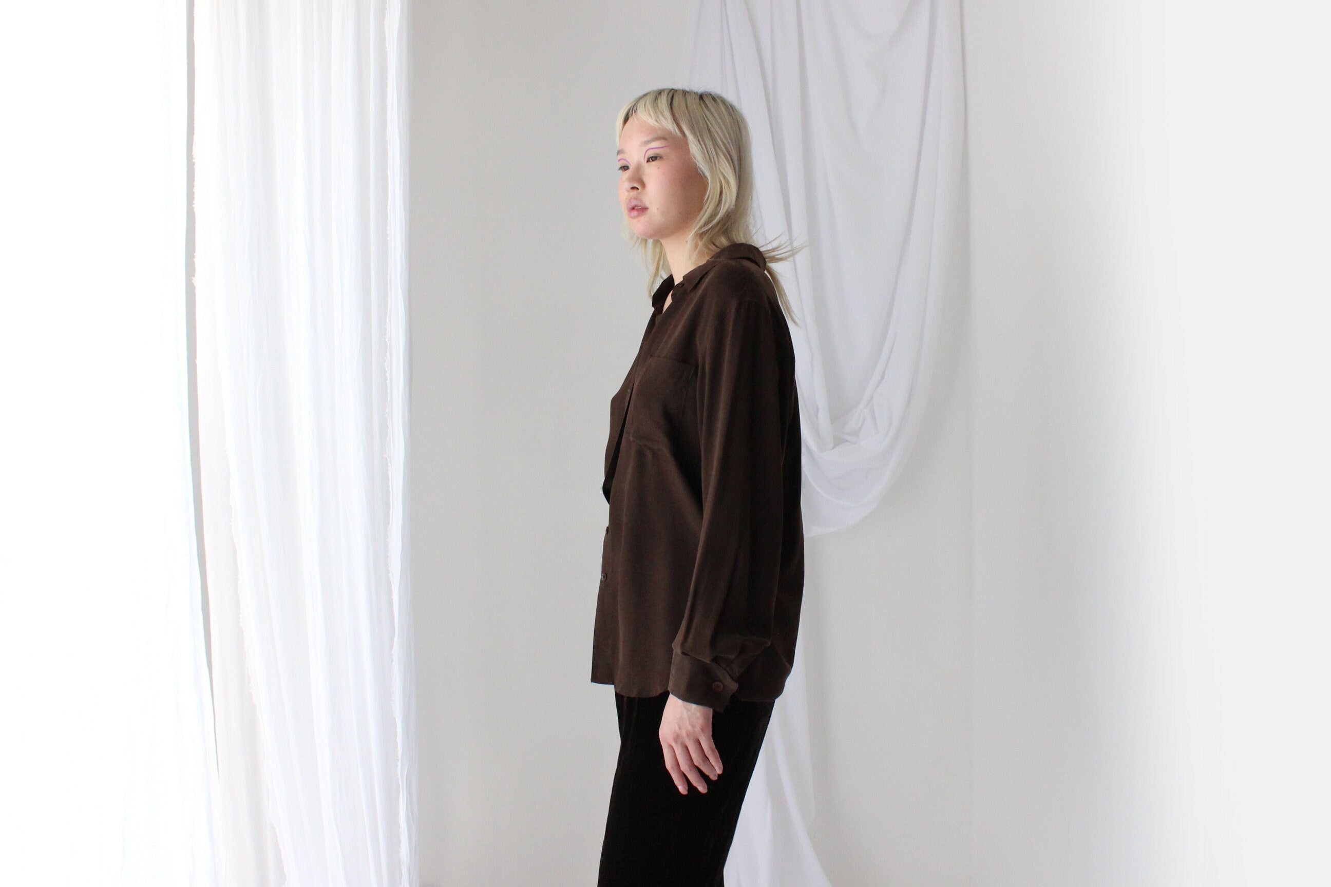 90s Pure Silk Chocolate Relaxed Button Up Blouse