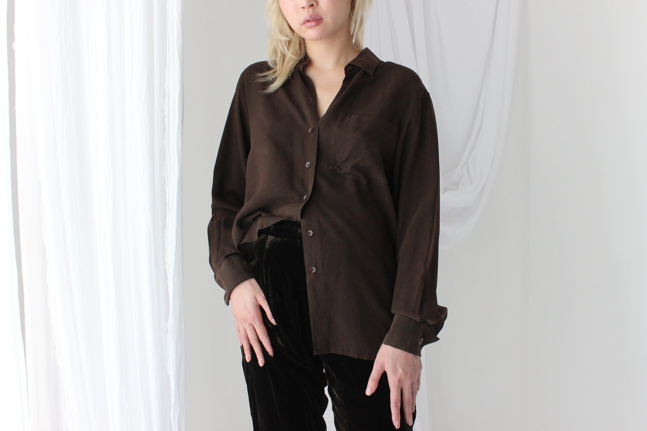 90s Pure Silk Chocolate Relaxed Button Up Blouse