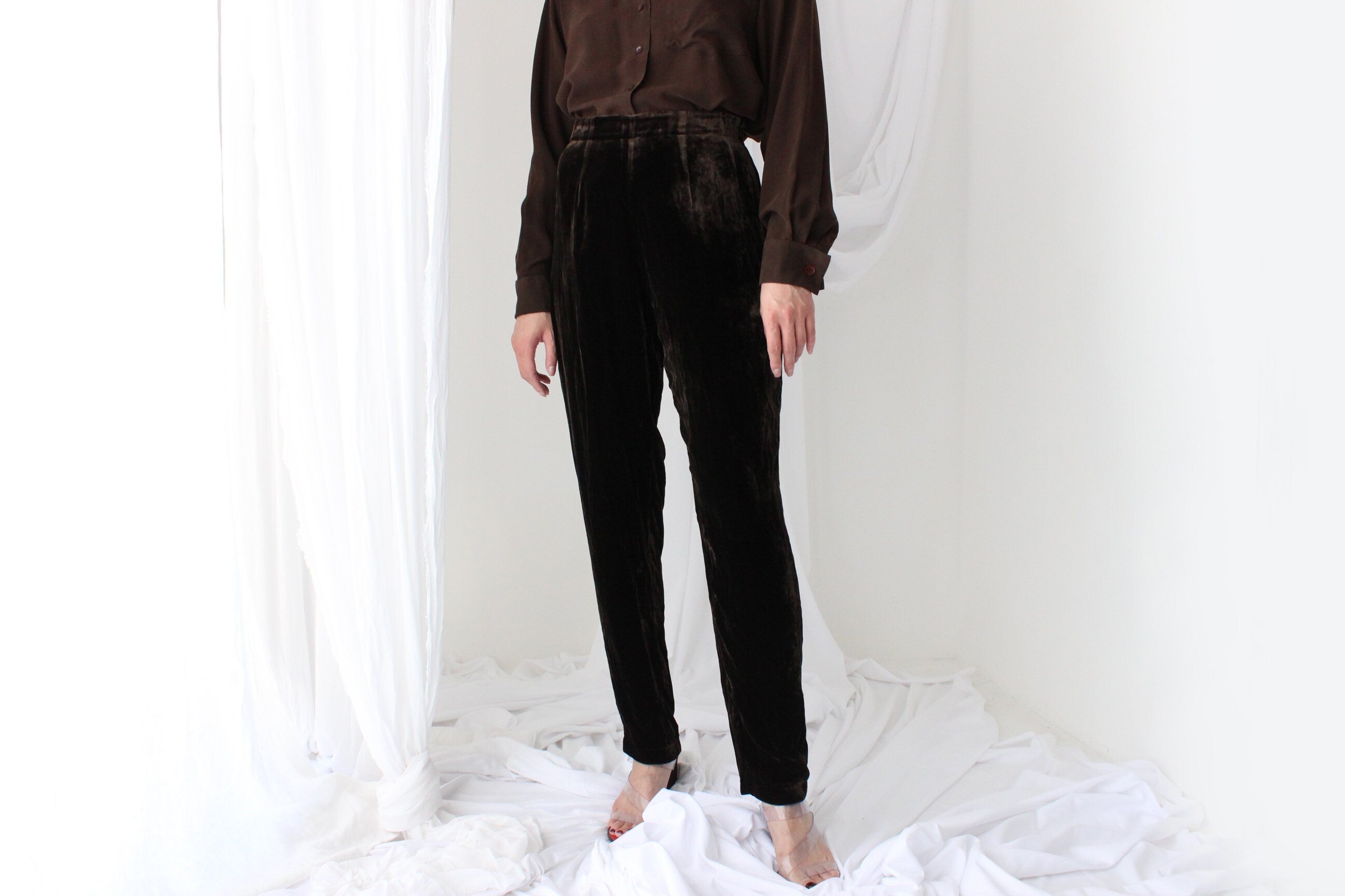 90s LUSH SILK VELVET High Waist Trousers in Chocolate