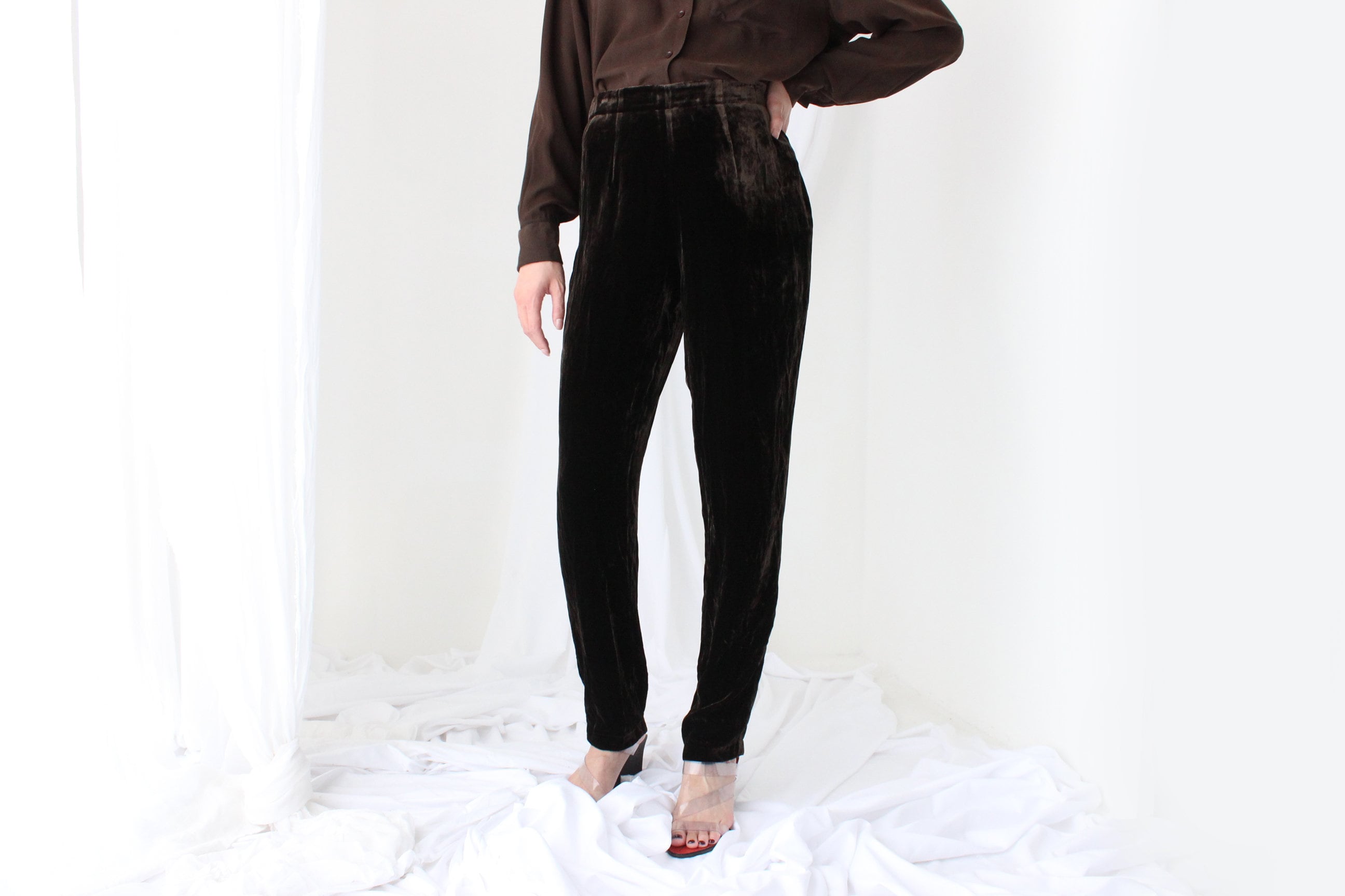 90s LUSH SILK VELVET High Waist Trousers in Chocolate