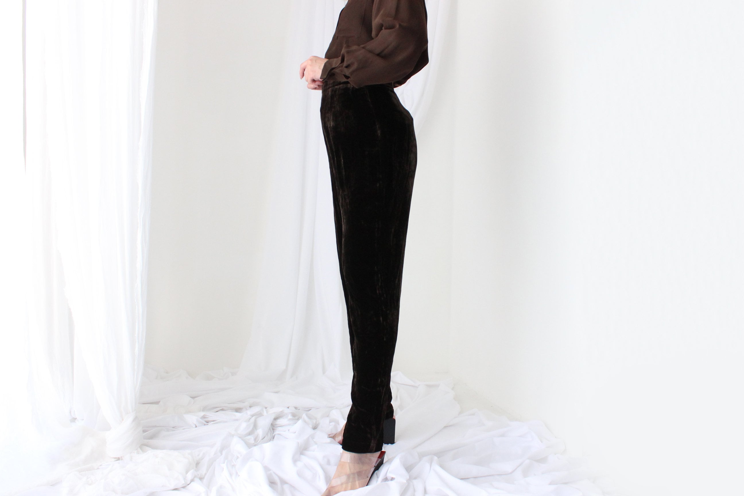 90s LUSH SILK VELVET High Waist Trousers in Chocolate