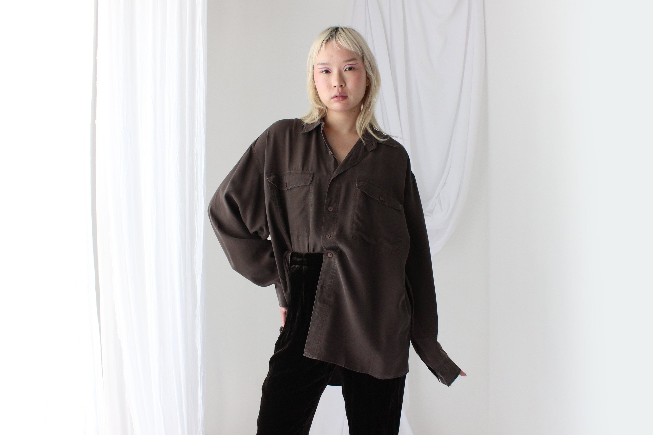 90s Pure Silk Chocolate "Corduroy" Textured Oversized Shirt