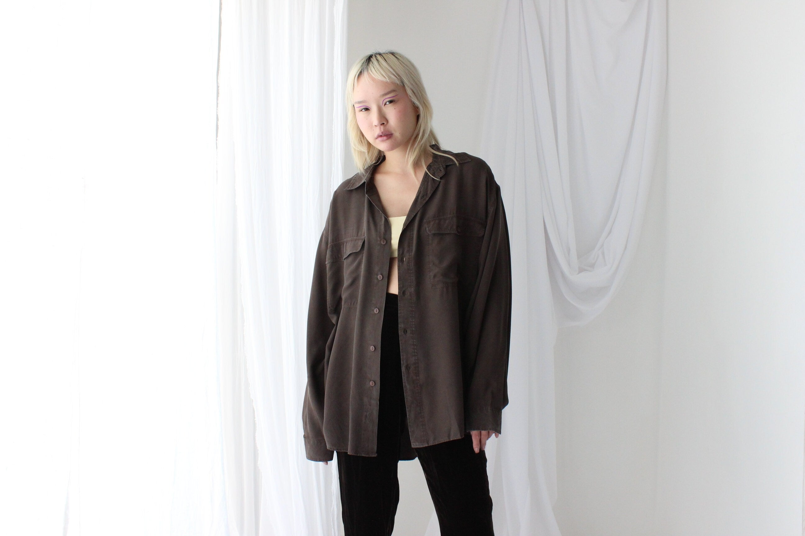90s Pure Silk Chocolate "Corduroy" Textured Oversized Shirt