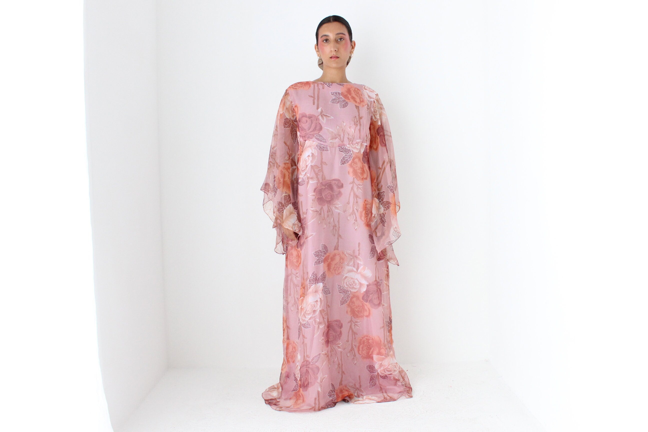70s Pink Floral Organza Hostess Dress w/ Amazing Sleeves