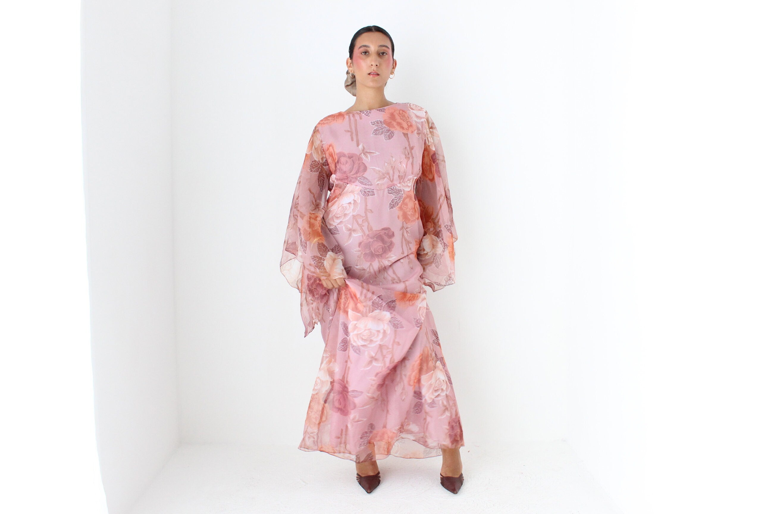 70s Pink Floral Organza Hostess Dress w/ Amazing Sleeves