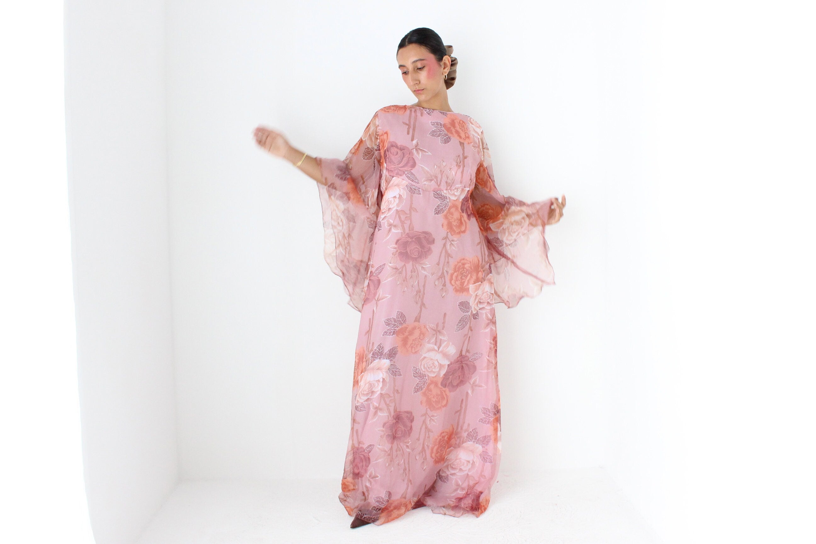 70s Pink Floral Organza Hostess Dress w/ Amazing Sleeves