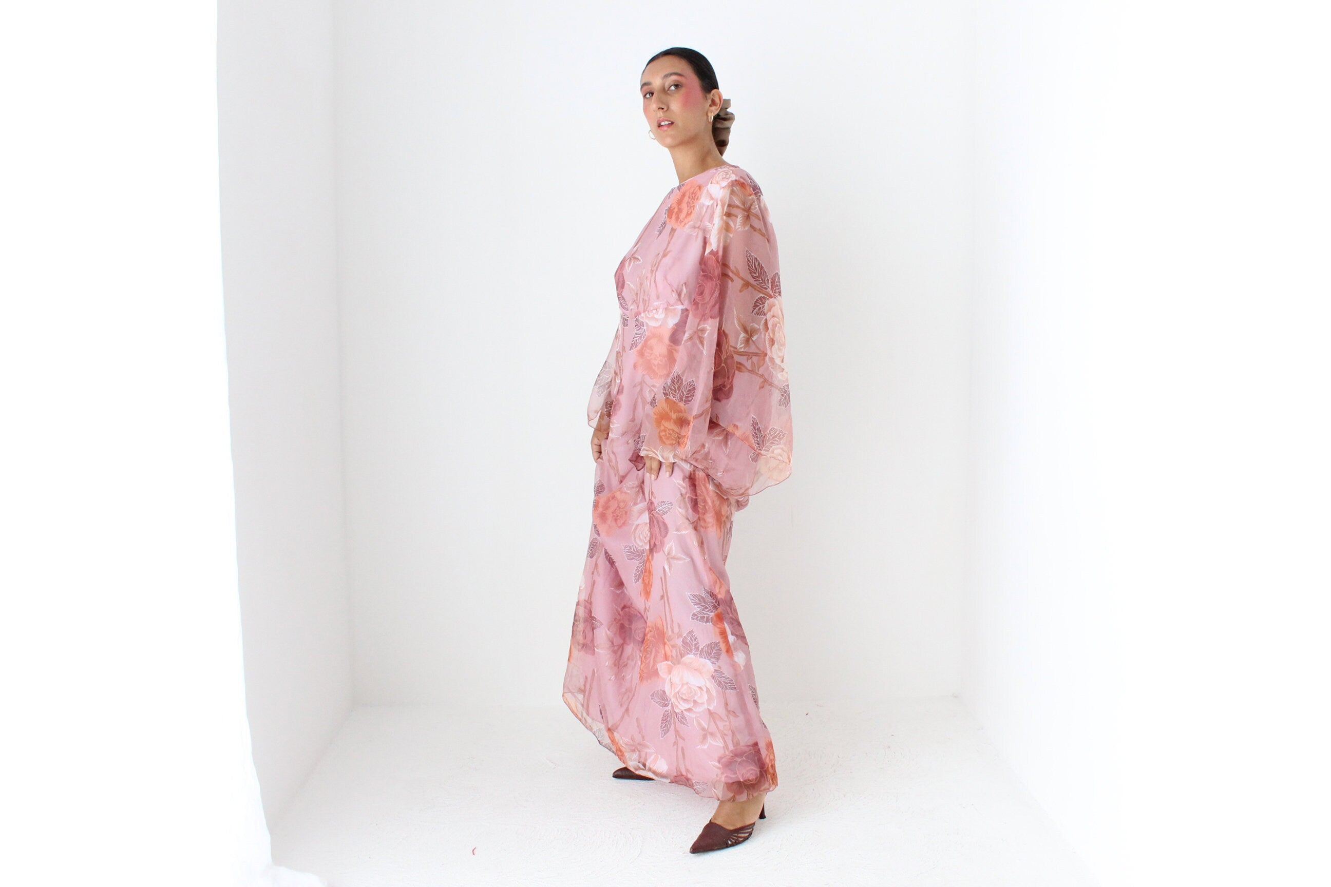 70s Pink Floral Organza Hostess Dress w/ Amazing Sleeves