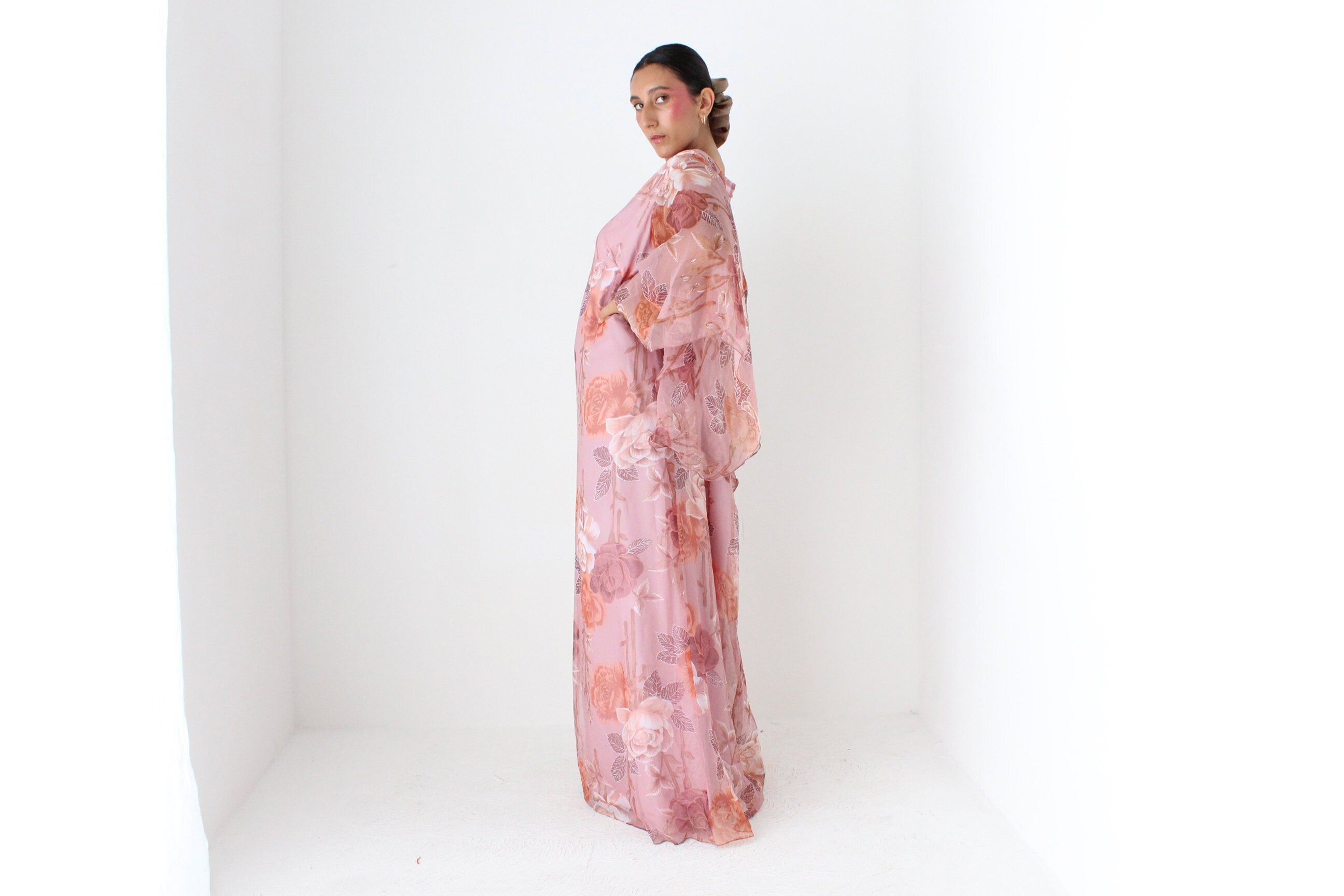 70s Pink Floral Organza Hostess Dress w/ Amazing Sleeves