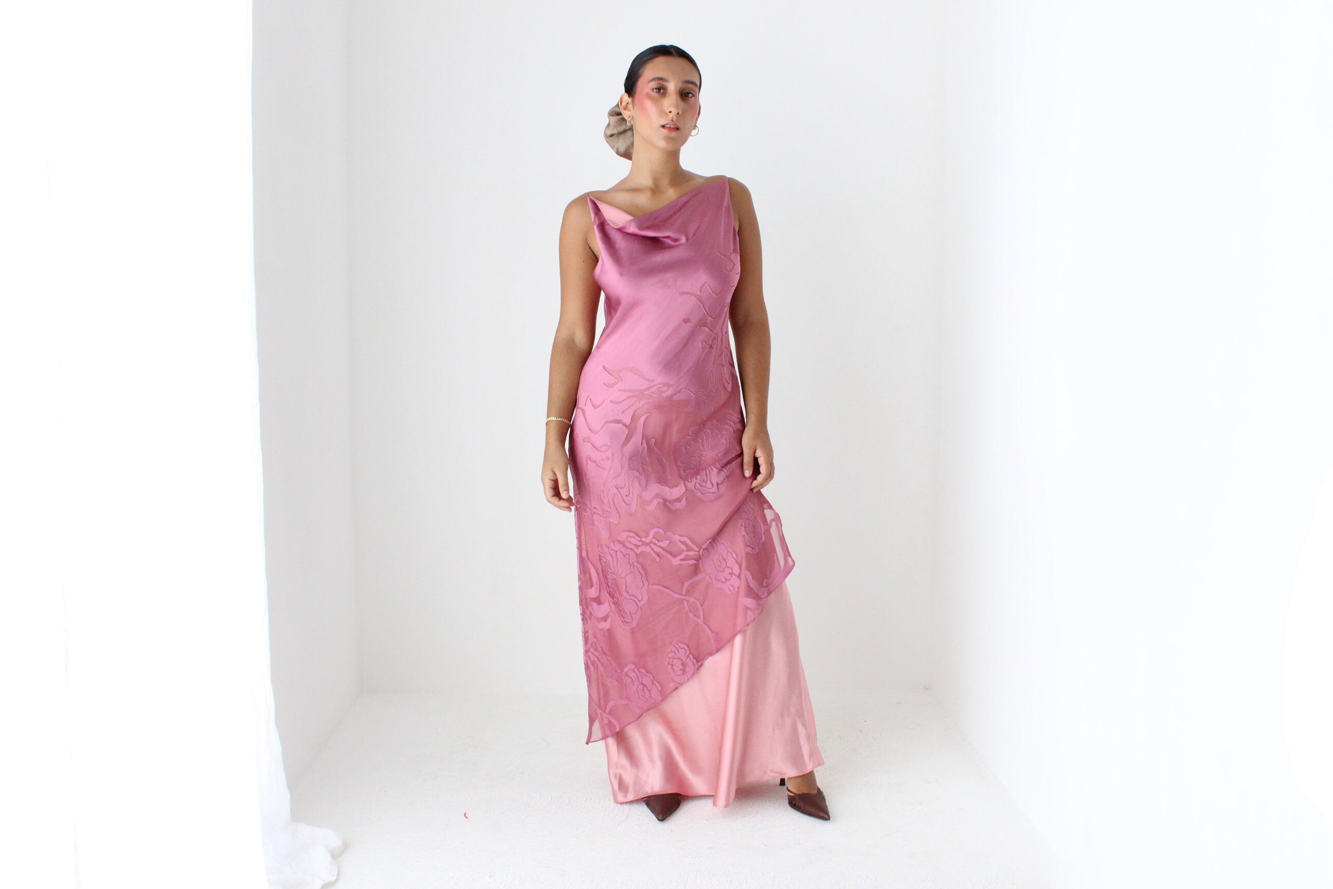 Y2K Layered Satin Cowl Neck Party Gown