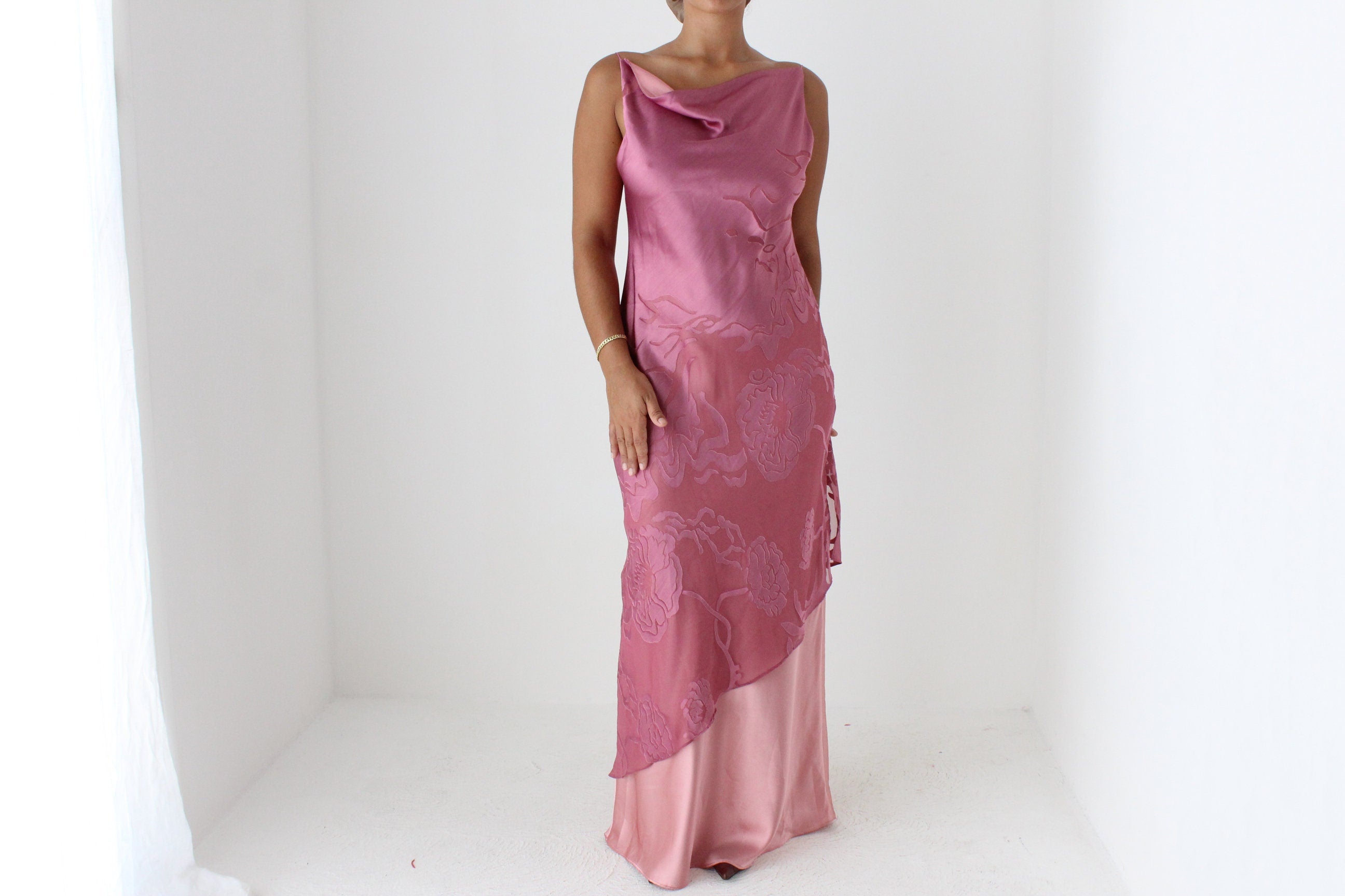 Y2K Layered Satin Cowl Neck Party Gown