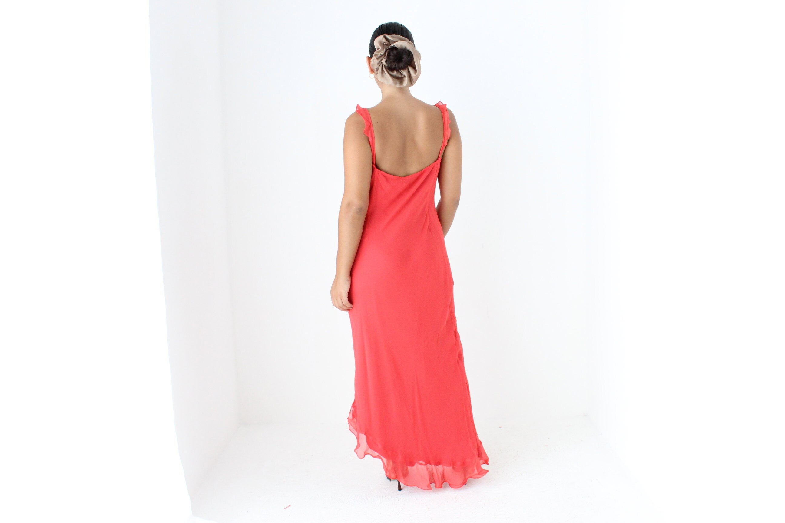 Y2K Coral Pure Silk Bias Cut Slip Dress