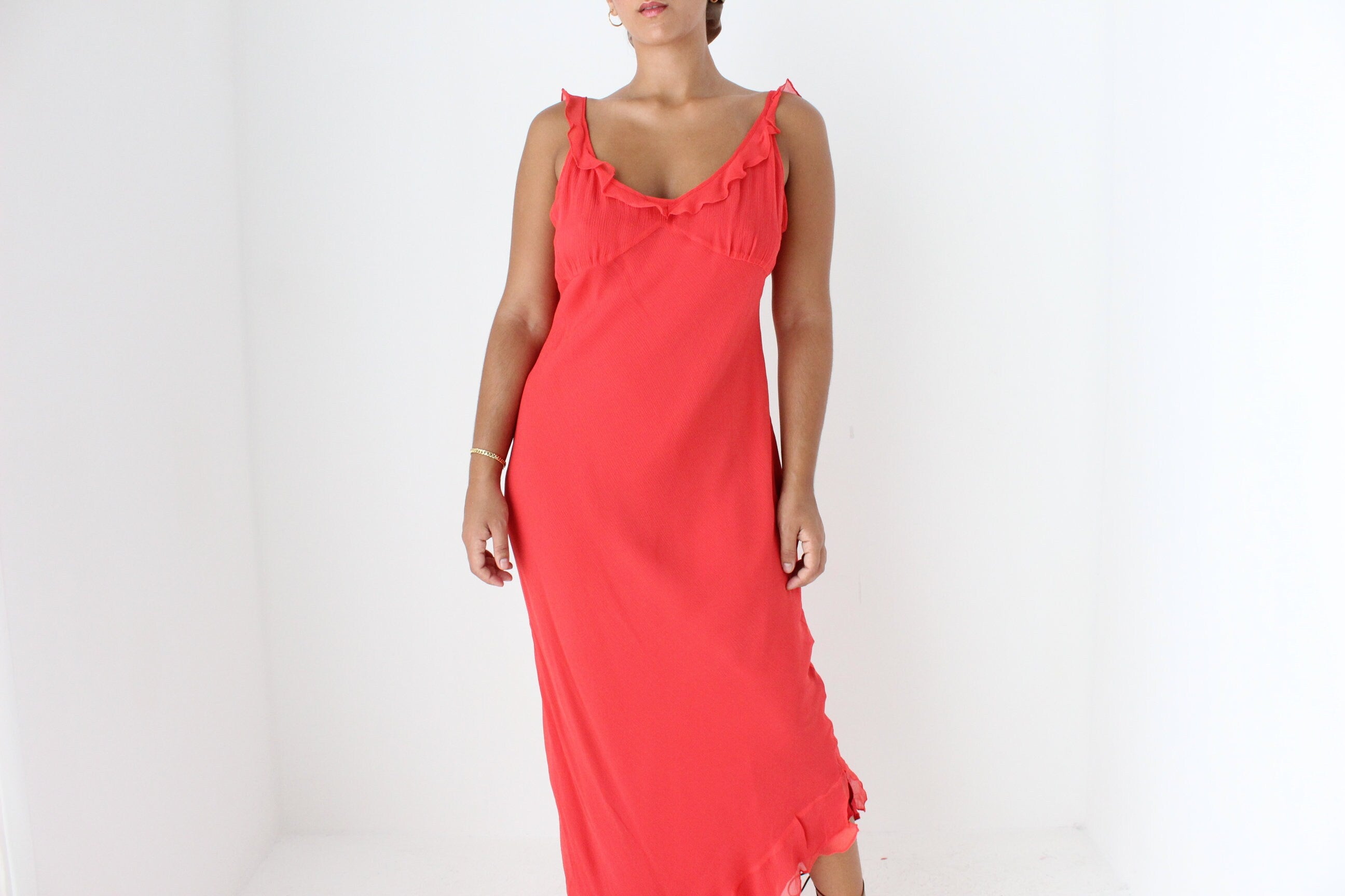 Y2K Coral Pure Silk Bias Cut Slip Dress