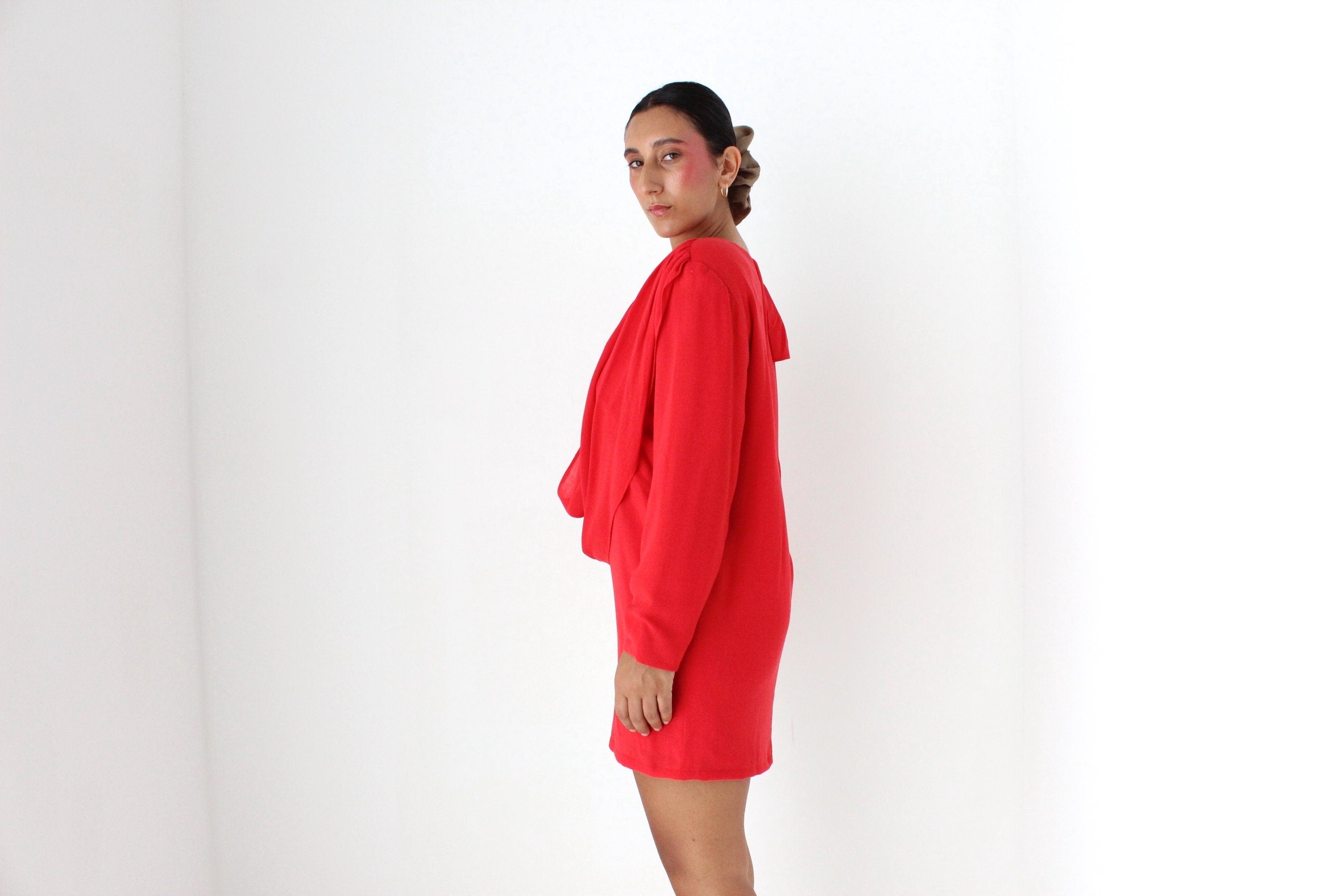 80s Coral Red Draped Disco Mini Dress