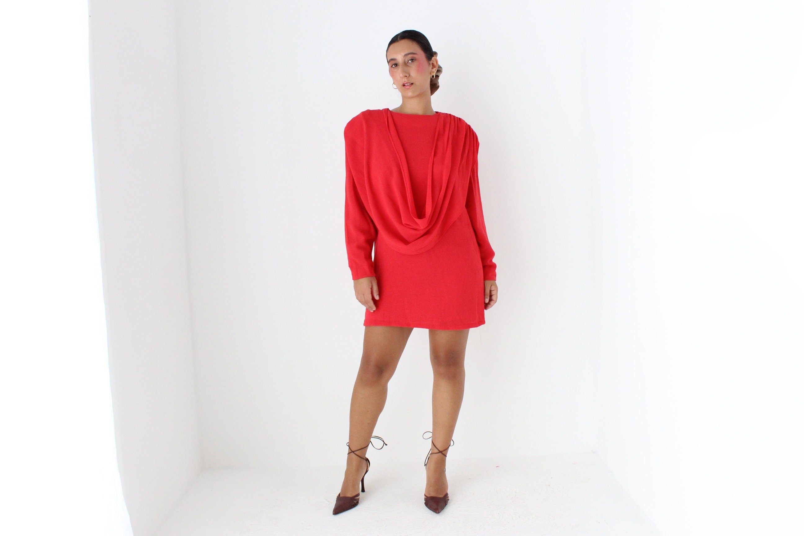 80s Coral Red Draped Disco Mini Dress
