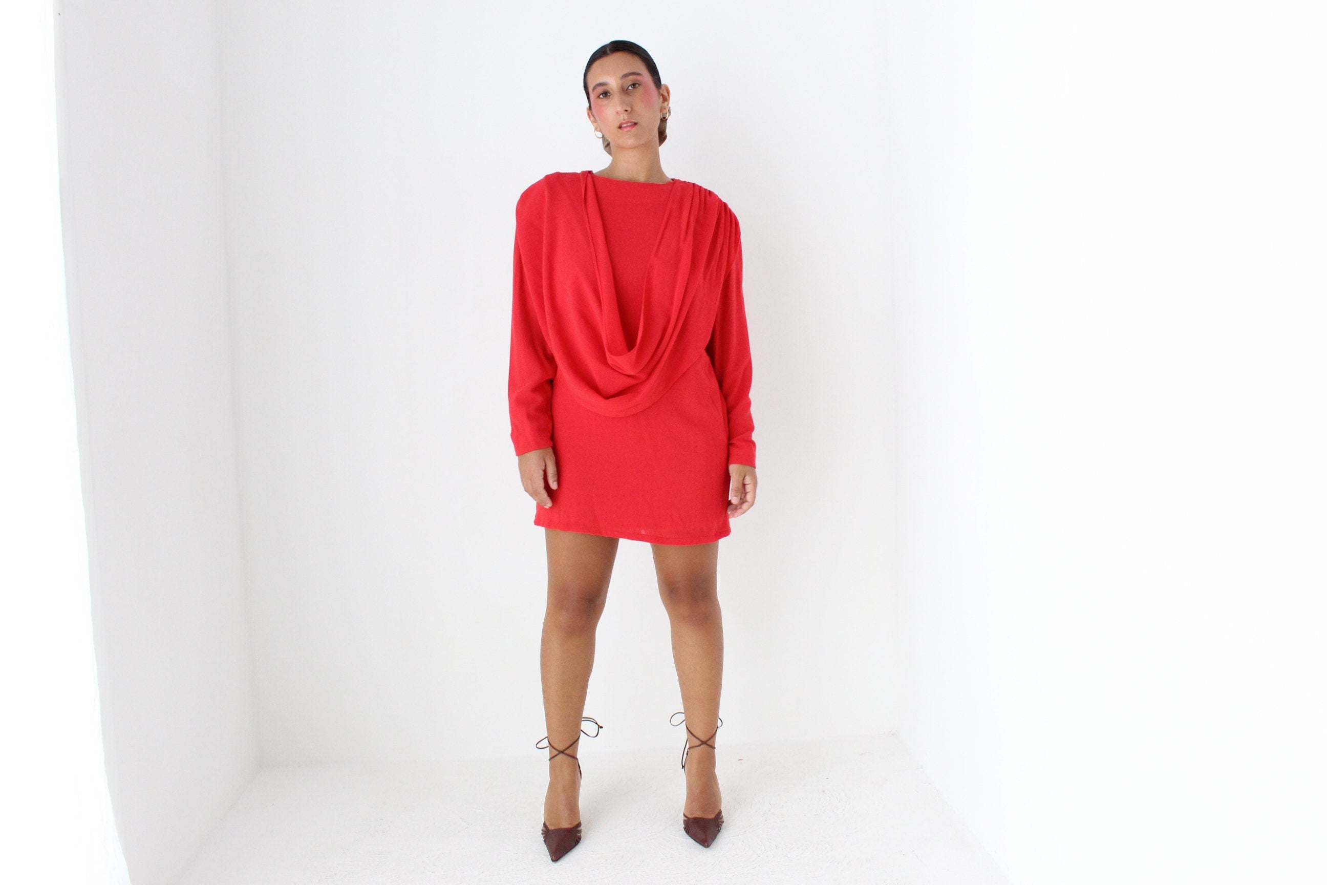 80s Coral Red Draped Disco Mini Dress